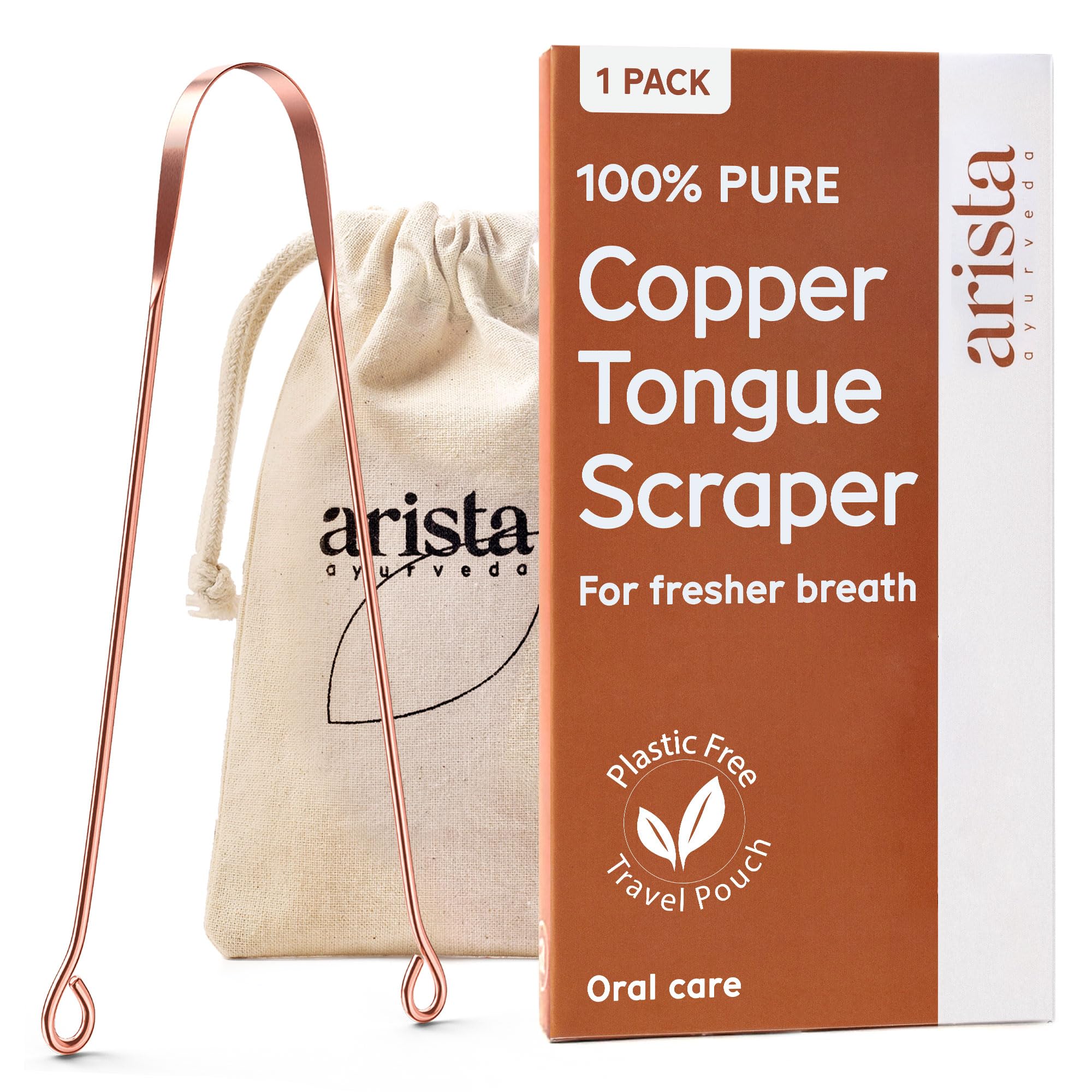 Arista Copper Tongue Scraper for Adults & Kids – 100% Pure Copper Tongue Cleaner – Extreme Bad Breath Treatment for Adults, Oral Detox & Hygiene – 1 Pack with Travel Pouch