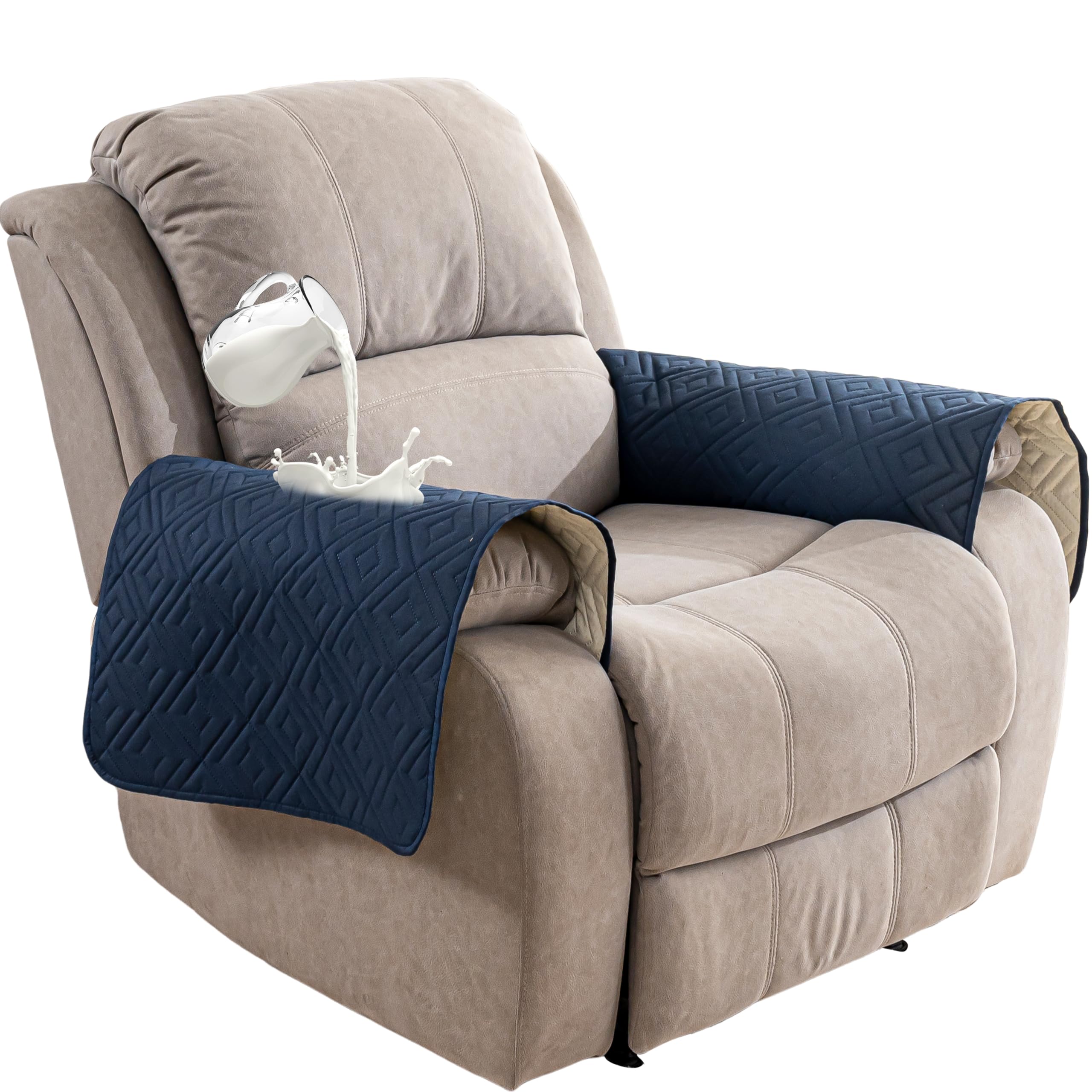 Genina Waterproof Recliner Armrest Covers - Non - Slip, Washable Sofa Arm Protectors for Homes with Kids and Pet Dogs. in Elegant Navy Blue (Set of 2)