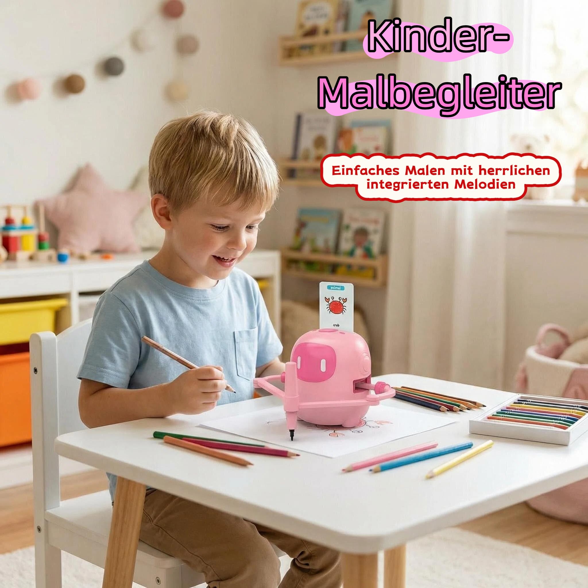 Drawing Robot Zeichenroboter für Kinder mit 150 Karten Interaction | Wiederaufladbarer Drawing Robot mit 150 Übungskarten und 17 Malstiften, Lernspielzeug für Kinder ab 3+ Jahren