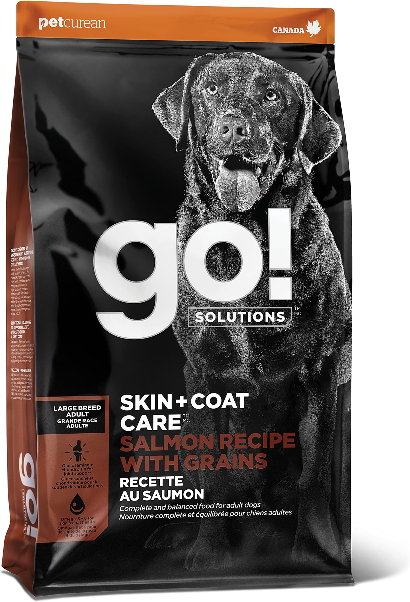 - Go! Solutions Skin + Coat Care Salmon Large Breed Dry Dog Food with Grains, Chicken-Free, Healthy Kibble, Glucosamine & Chondroitin for Healthy Hips & Joints, for Adults & Seniors, 25 lb Bag