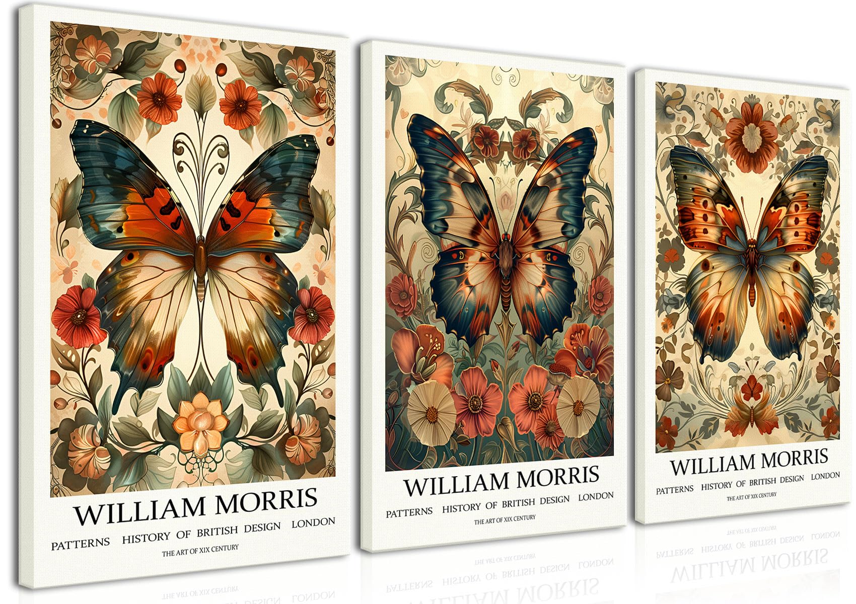 DjmwtbWilliam Morris Canvas Wall Art Vintage Butterfly Poster Prints Framed Set of 3 Botanical Aesthetic Pictures Gallery Artwork Nouveau Painting Decor for Living Room Bedroom 12x16in