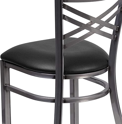 Miniatura 8 de EMMA + OLIVER Silla de restaurante de metal con respaldo de X transparente - Asiento de vinilo negro