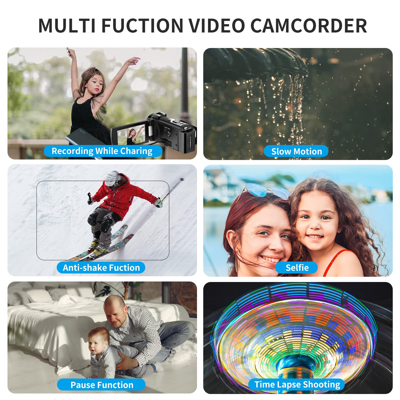 ORDRO AE7 2.7K Caméscope IR Vision Nocturne Appareil Photo Numérique 3.0 TFT Écran Tactile Zoom Numérique 16X pour Youtube Vlog avec Télécommande et 2 Piles