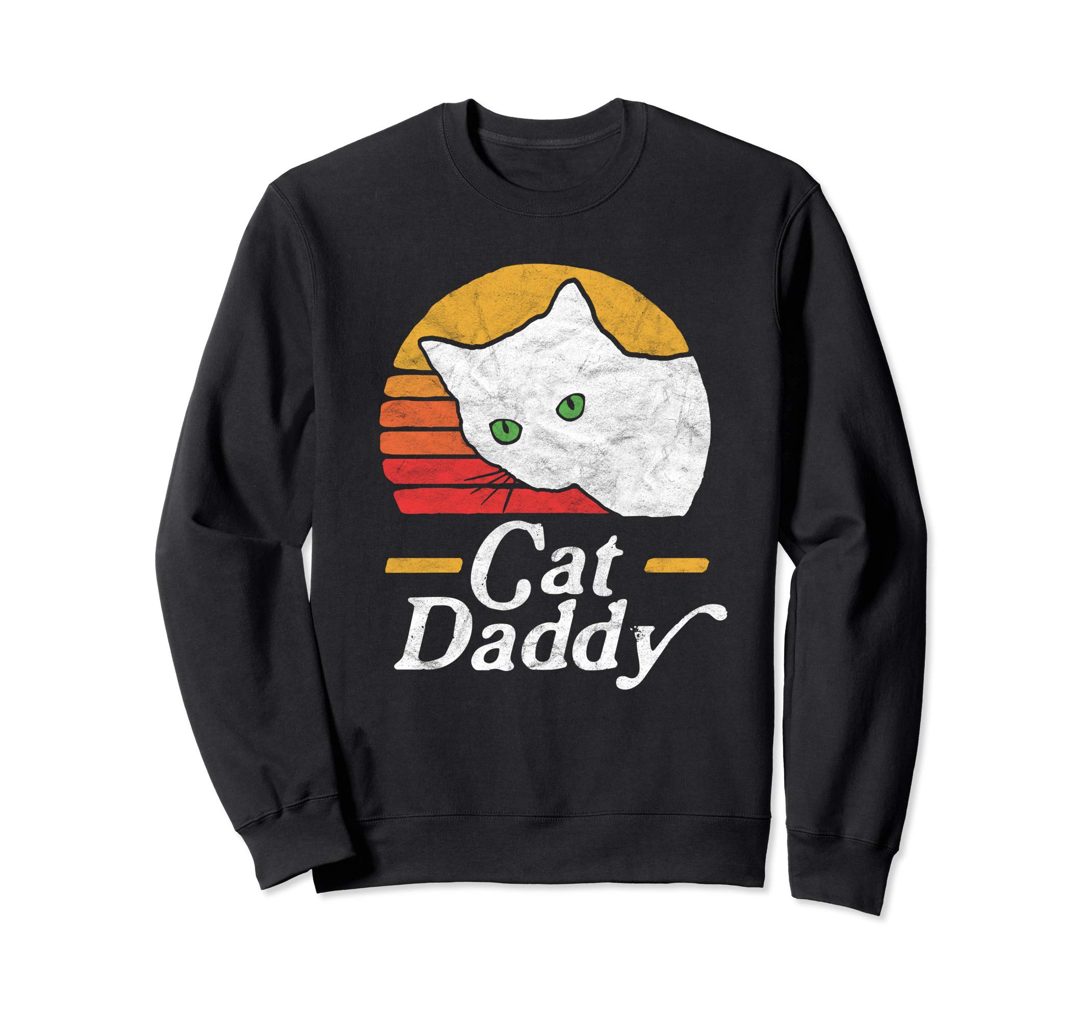 Cat Daddy Vintage Eighties Style White Cat Retro Distressed Sweatshirt, Black