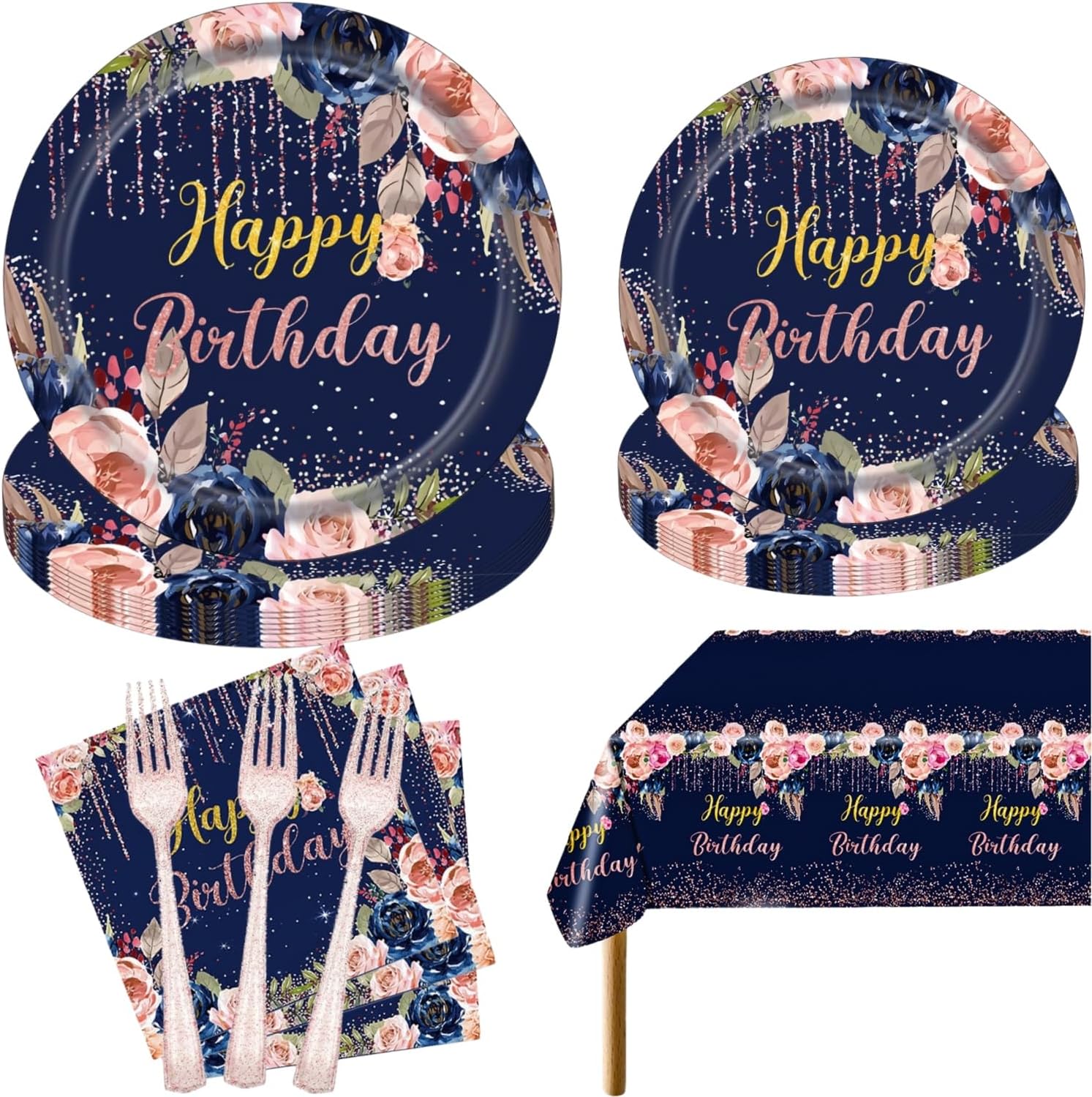 Birthday Plates and Napkins 97 Pcs Navy Blue Rose Gold Birthday Decorations Set for Women Girls, Floral Paper Plates Tableware, Tablecloth, Party Supplies, Serves 24