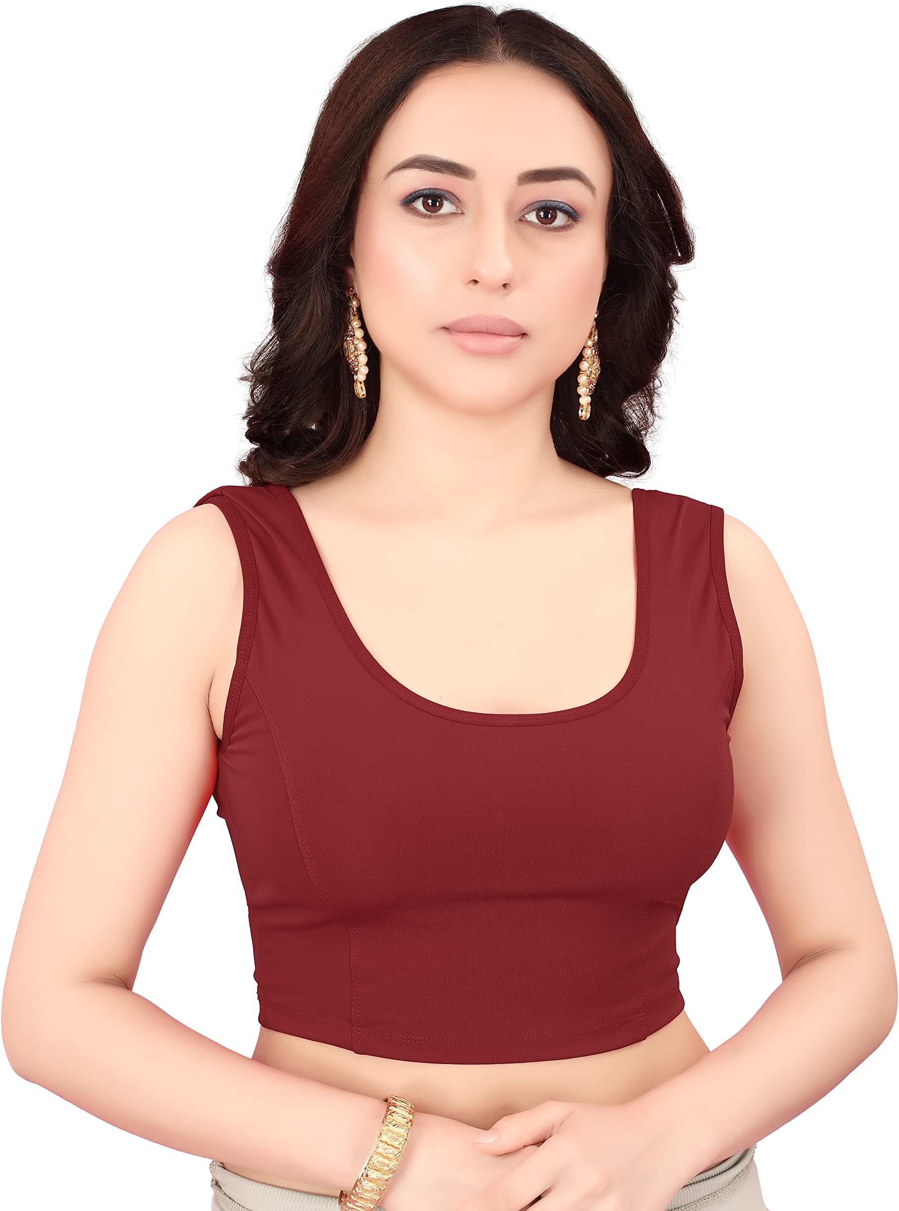 SERONA FABRICSRound Neck Cotton Lycra Blend Stretchable Readymade Sleeveless Saree Blouse