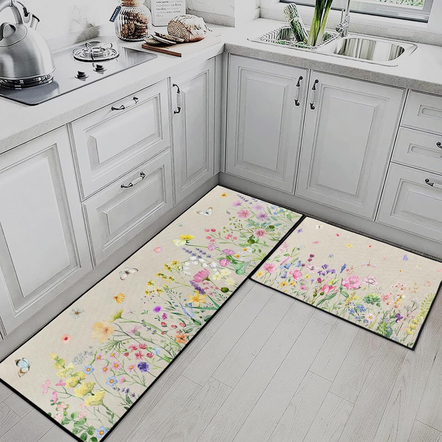 Wildflower Floral Butterfly Kitchen Rugs and Mats Non Skid Washable Set of 2, Vintage Wooden Board Floor Mats, Sweet Heart Home Runner Rug, Rustic Kitchen Decor