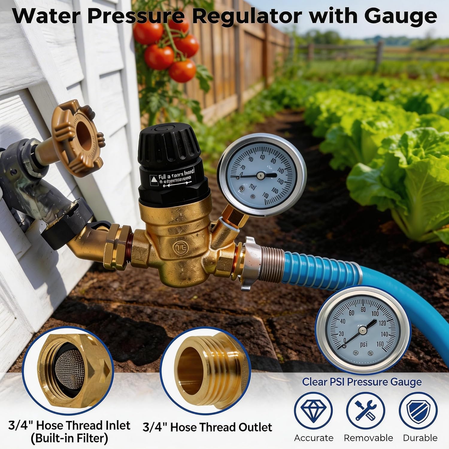 ‌VANCOCO Water Pressure Regulator Valve with Adjustable Tool-Free Handle, 3/4" NH Thread Pressure Regulator with Gauge 45-160 PSI for RV Camper Travel Trailer