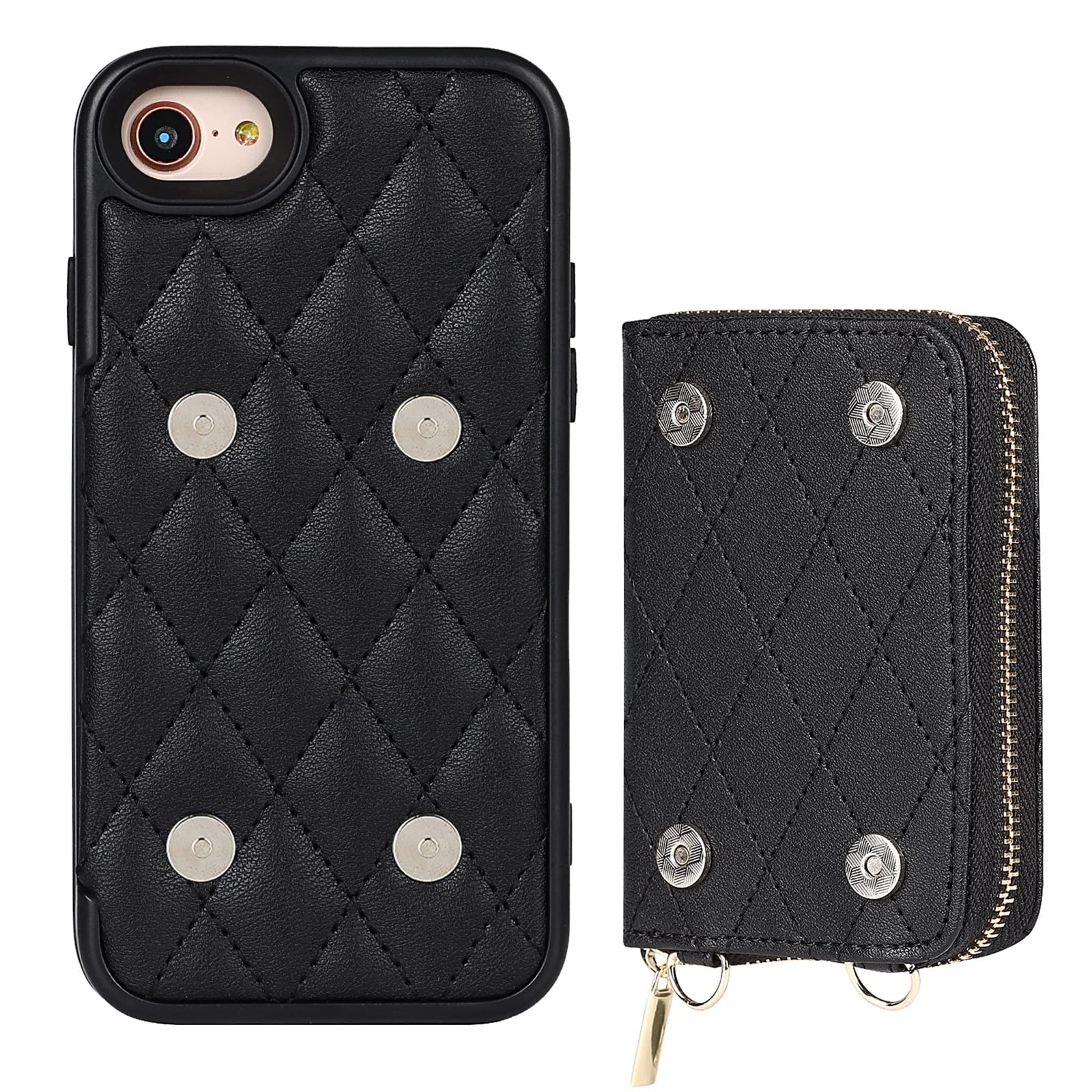 Hülle für iPhone SE 2022/SE 2020/8/7, PU Leder Magnetisch Schutzhülle Crossbody Phone Tasche mit Abnehmbarer Einzigartiger Kleiner Geldbörse für iPhone 7/8/SE2/SE 3,Schwarz
