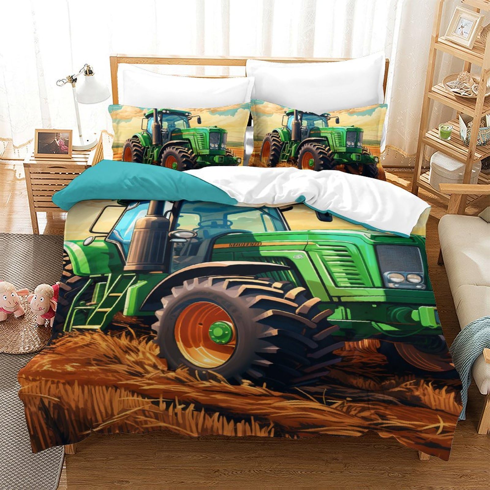 Housse de couette tracteur 3D respirante avec taies d'oreiller, confort absolu pour lit single