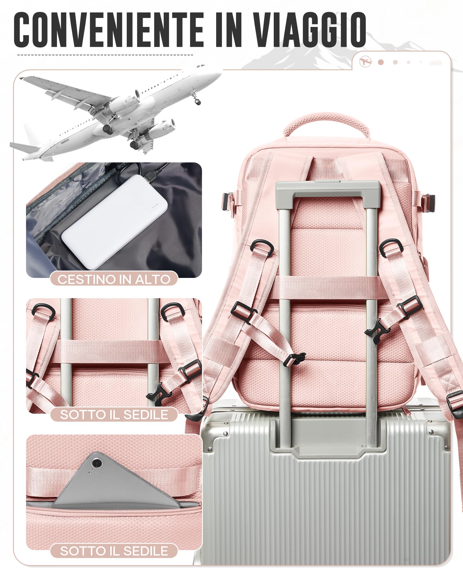 Zaino Sottovuoto Viaggio Ryanair 40x30x20 Zaino da Viaggio Aereo Bagaglio a Mano con Sottovuoto Zaini Easyjet 45x36x20 Vacuum Backpack con Porta Scarpe(Rosa)