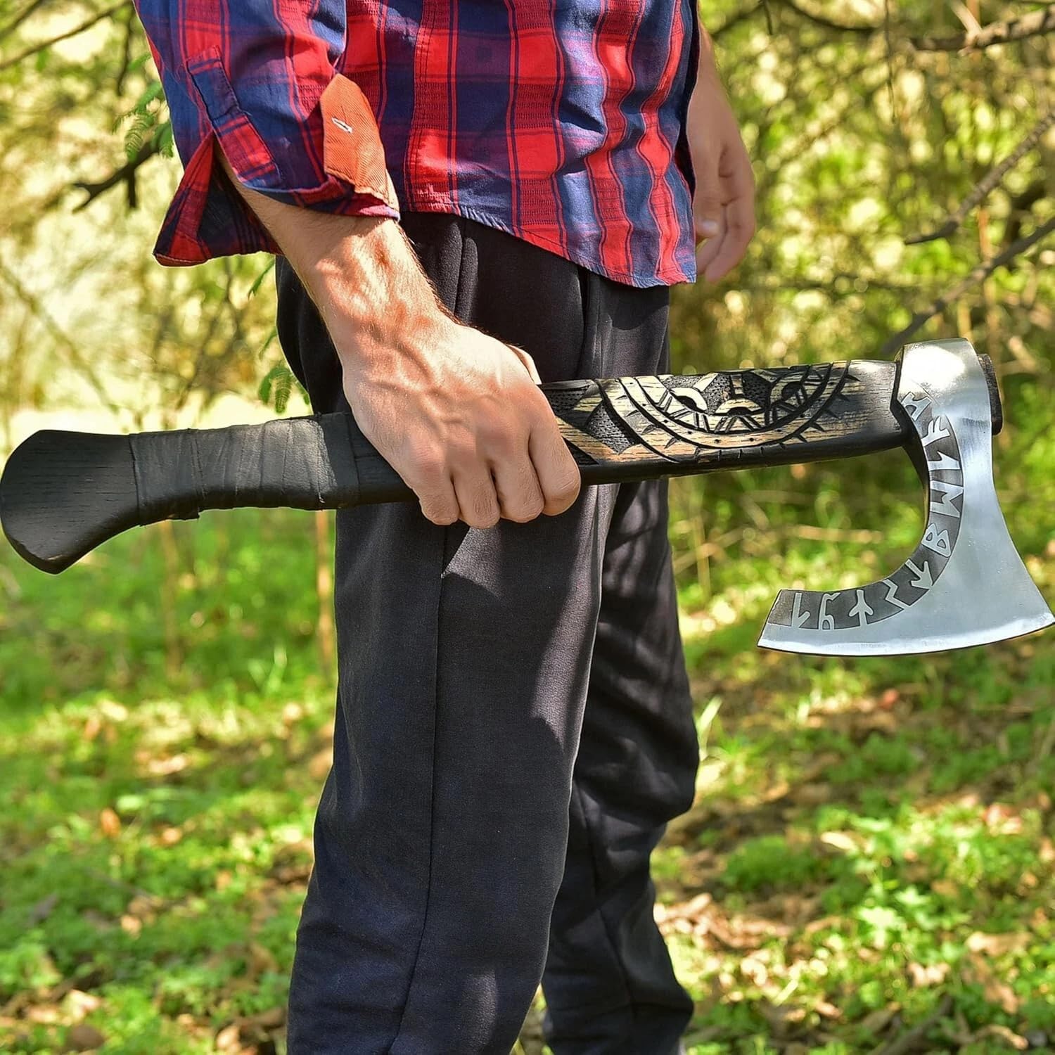 Viking Beard Axe with Handmade ash Wood Handle and Camoing Axe with Runes Engraved