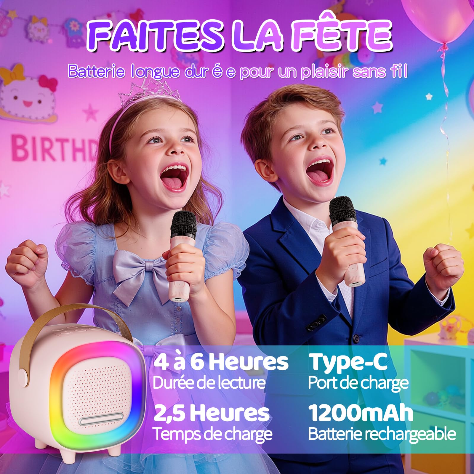Micro Karaoke Enfant avec 2 Micro sans, 6 Modes D'éclairage avec Effets, Enceinte Bluetooth Portable, Cadeaux d'anniversaire de Noël pour Enfants Jouets pour Enfants 3-12 Ans (Rose)