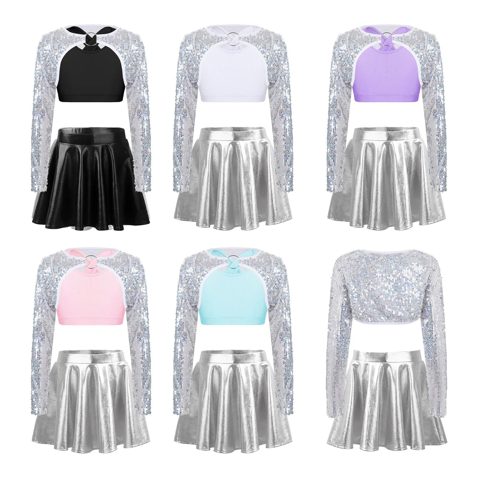 Conjuntos de Ropa de Ballet con Lentejuelas for niñas, Top Corto, Falda metálica for Danza Jazz, Disfraces de actuación escénica(Light Blue,14)