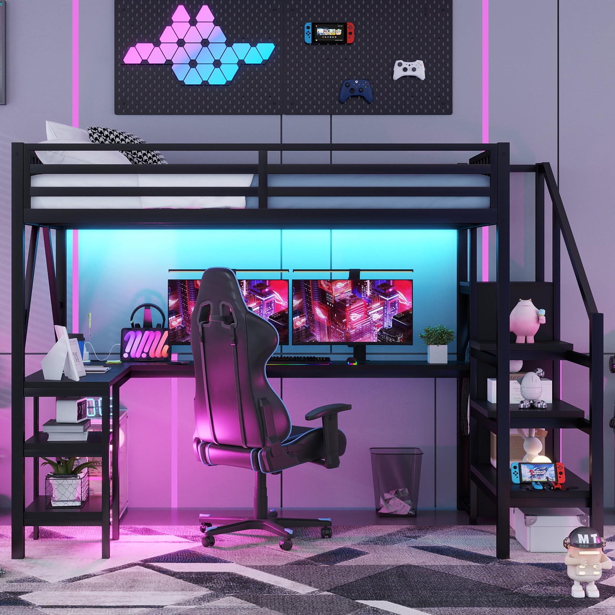 KEIKI Full Size Metal Loft Bed Frame with L-Shaped Desk & Staircase & Wardrobe & USB, Modern Style Loft Bed with Solid Slat & Guardrail, No Box Spring