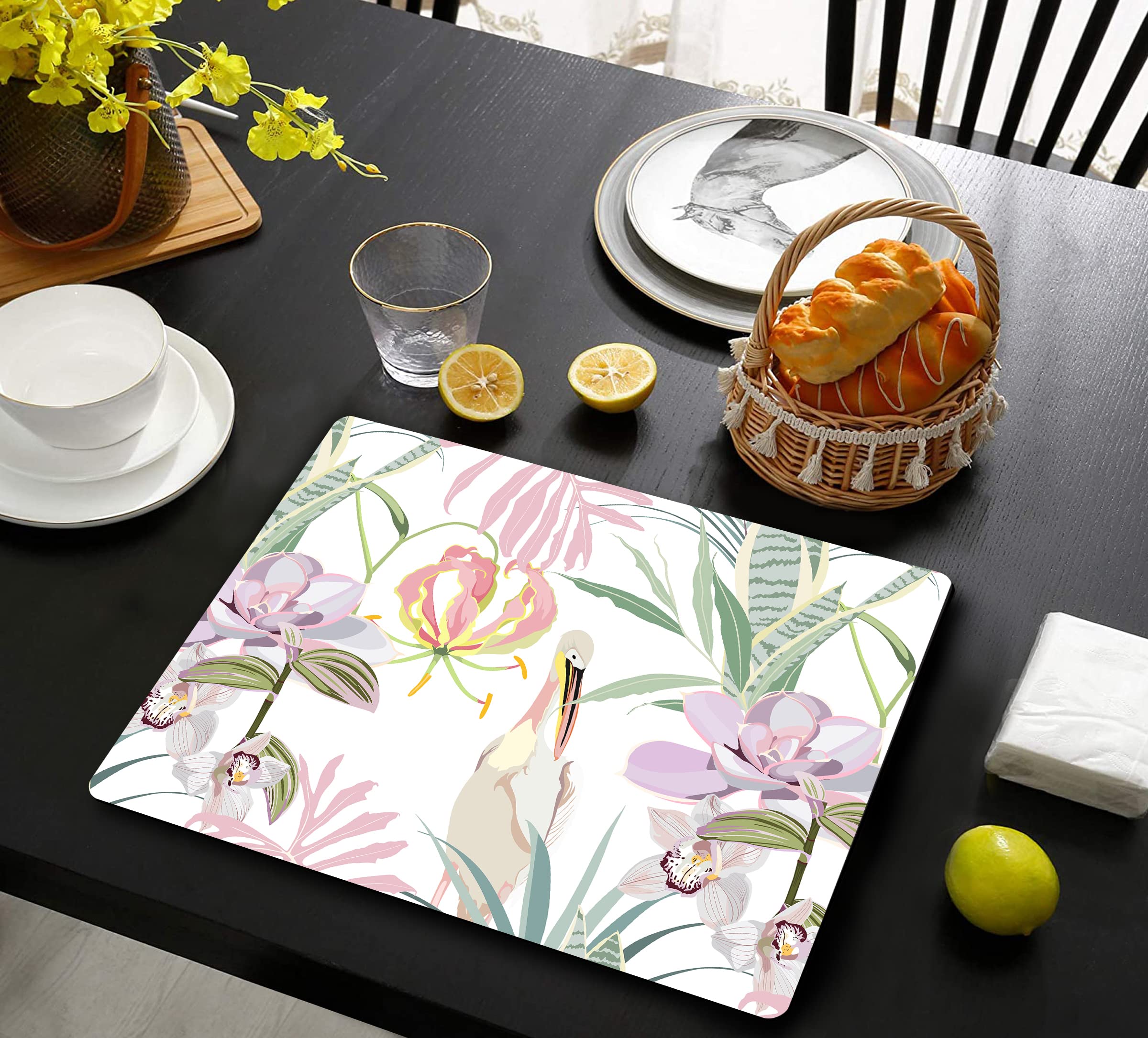 Space of Joy Hand Drawn Pelican Design Premium Printed MDF Wooden Dining Tablemat, Heat/Water Resistant Rectangular Placemats Set of 6 Pieces Multicolour