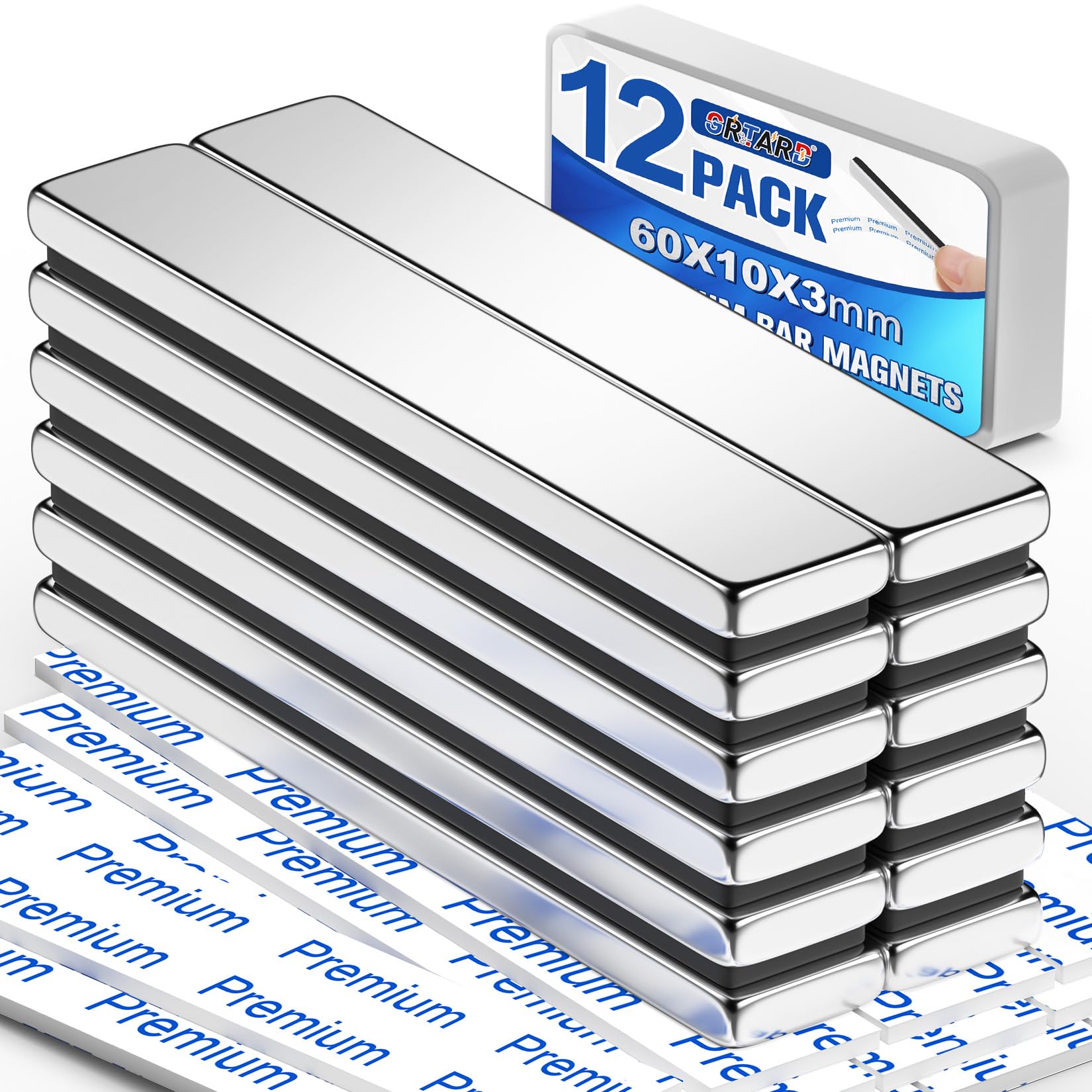 Grtard 12Pack Strong Neodymium Bar Magnets with Double-Sided Adhesive, Powerful Heavy Duty Rare Earth Magnet, Magnetic Strip for Fridge, Garage,