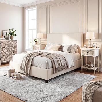 COSIEST 2 Pieces Vintage Nightstand, MDF 2-Tier Bedside Table, Wood Accent End Table with Storage Drawer and Open Display Shelf for Bedroom Living Room