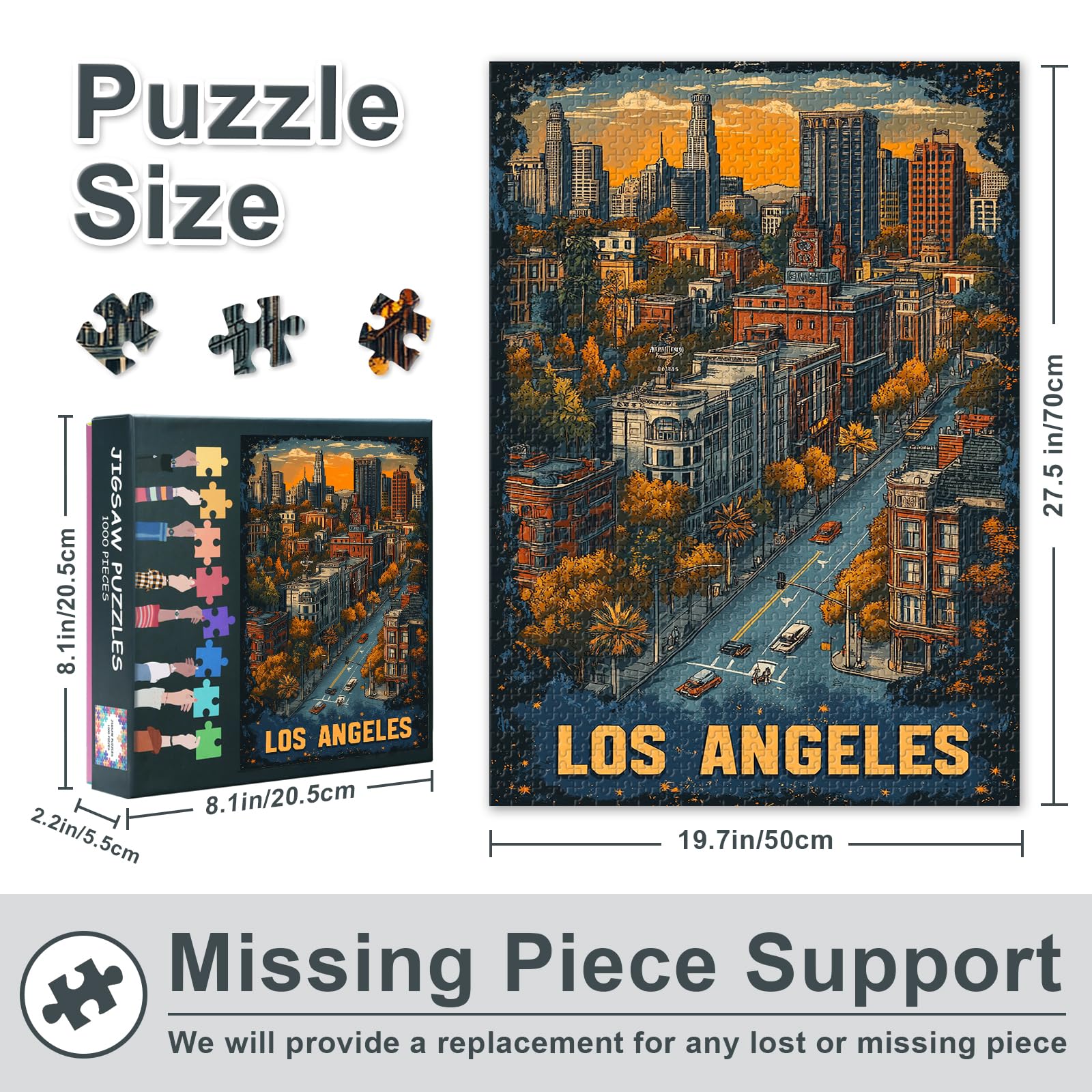 Los Angeles City Street Scene Jigsaw Puzzle 1000 Pieces for Adults Urban Skyline Downtown Landscape Art Large Puzzle Game Travel Theme Home Decor 27.5x19.7 Inch - Image 3