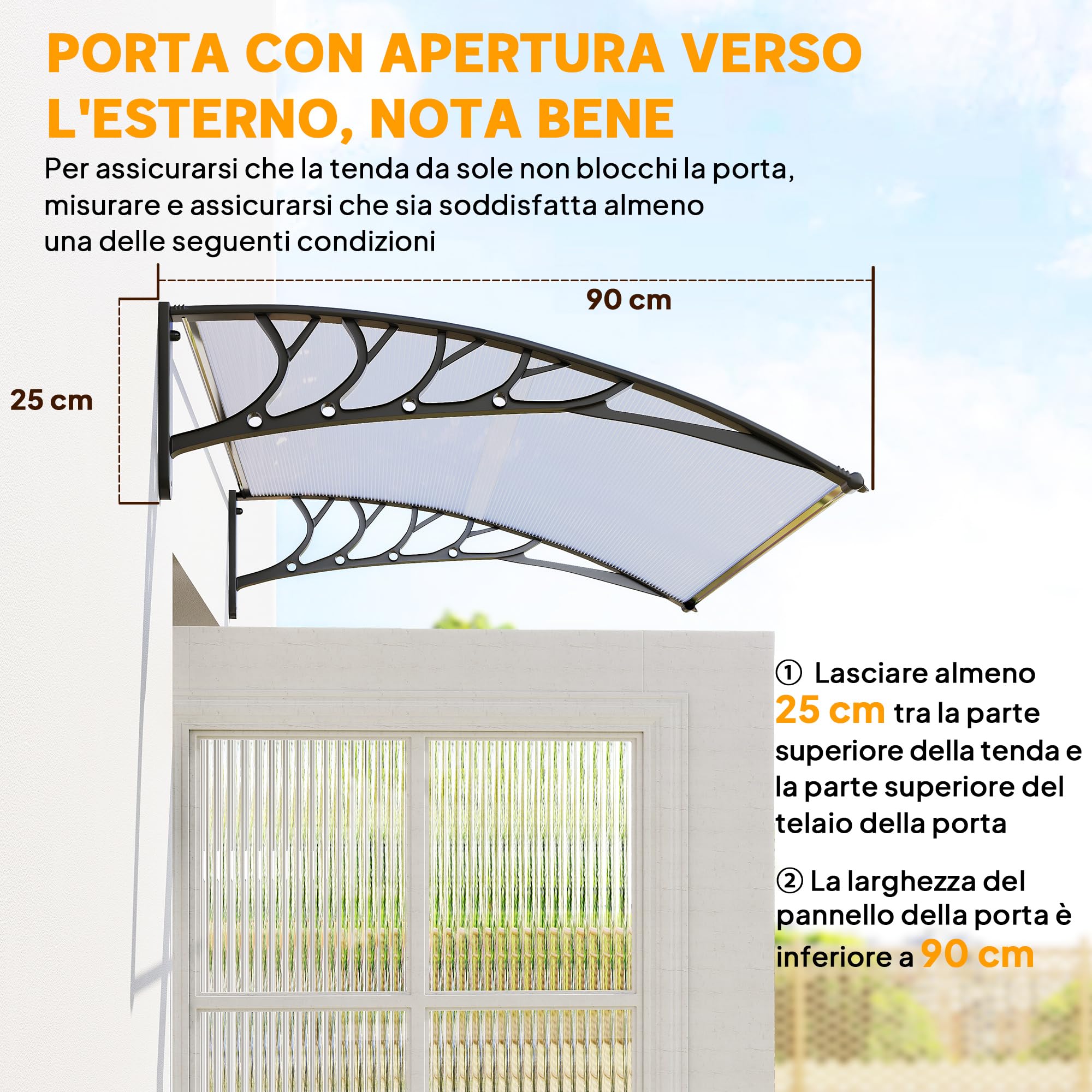 Outsunny Pensilina Tettoia da Esterno 150x90cm, Tettoia per Esterno Staffe in Policarbonato e Barre in Alluminio, per Balcone Finestre e Porte, Trasparente