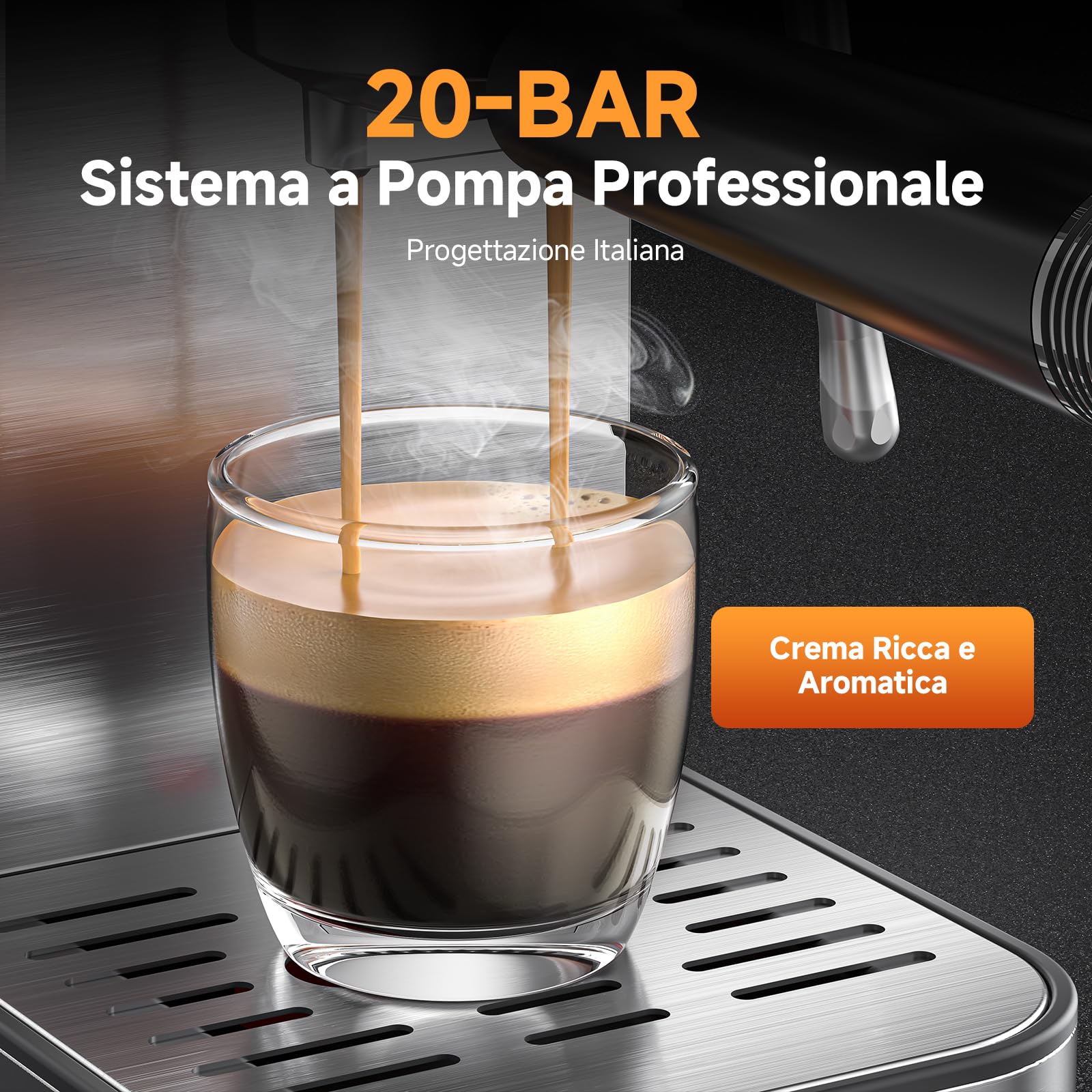 AMZCHEF Macchina Caffè Espresso 20 Bar in Acciaio Inox con Touchscreen LED, Macchina Espresso con Funzione Autopulizia e Lancia Vapore, Compatta per Cappuccino e Latte, Ideale per Casa e Ufficio