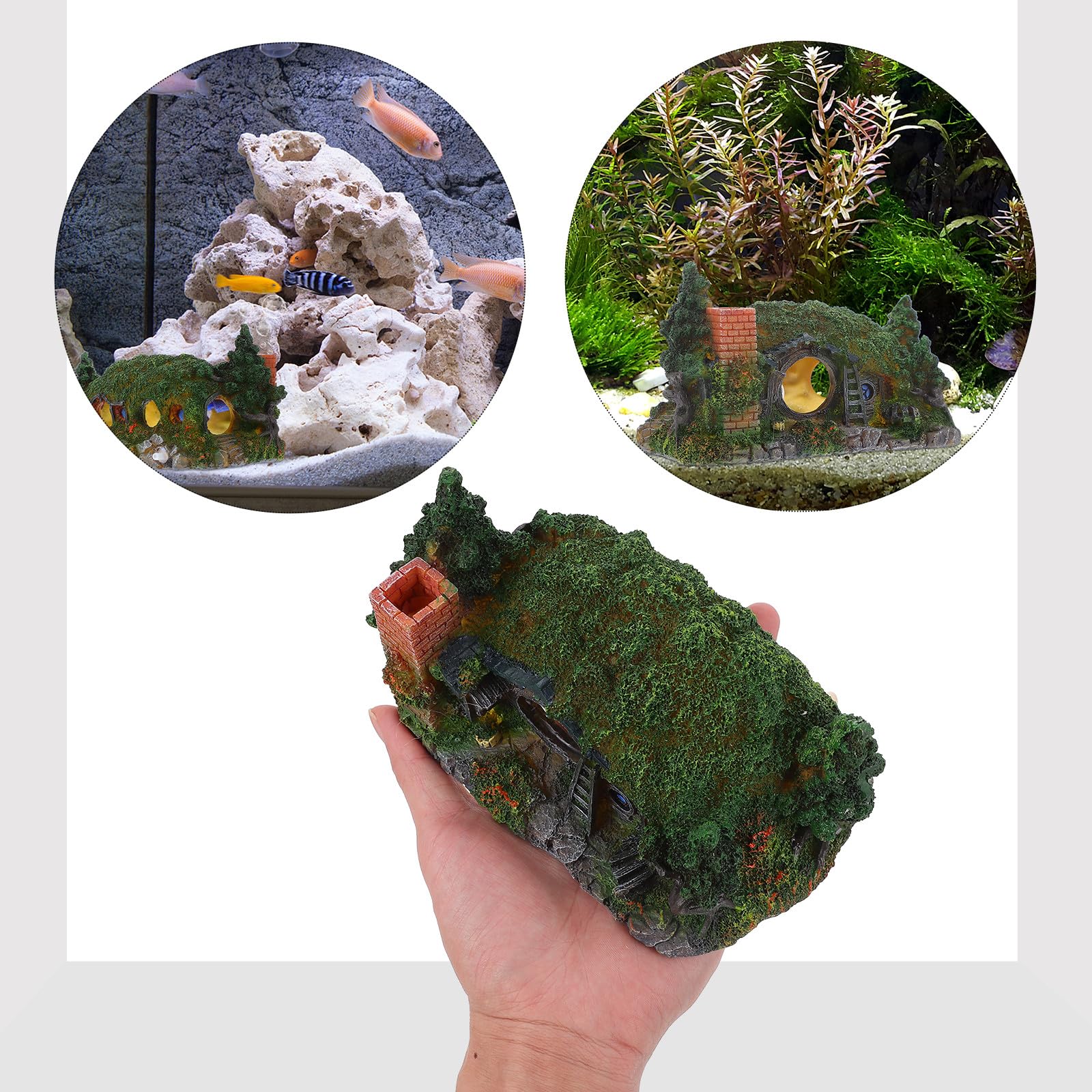 Abaodam Ornamento in Resina per Acquario Hobbit Grotta del Castello, Decorazione Paesaggistica Mini per Serbatoio d'Acqua Effetto Bolle, Adatto ad Ambienti Marini e d'Acqua