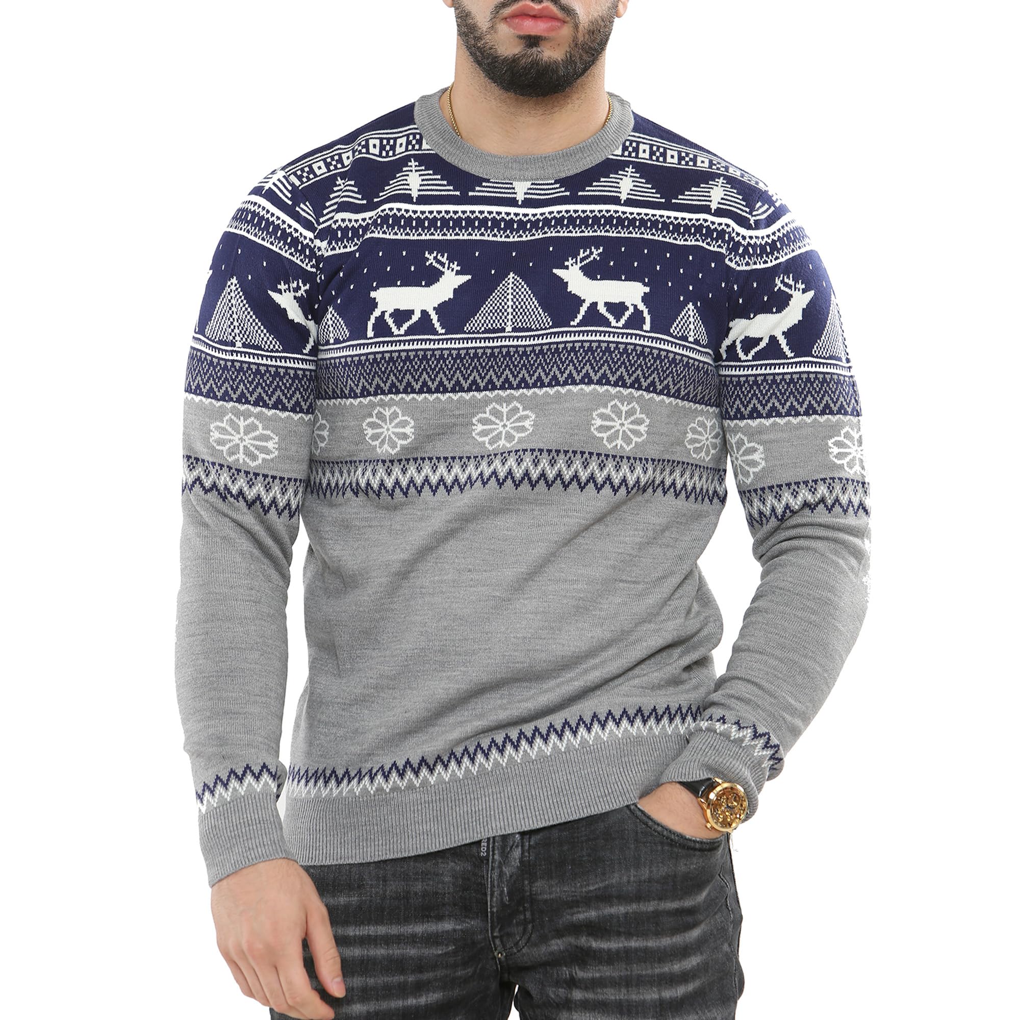 NOROZEChristmas Men's Jumpers Nordic Style Knitted Lightweight Reindeer  Printed Jumper Crew Neck Long Sleeve Pullover Top Christmas Jumper Xmas