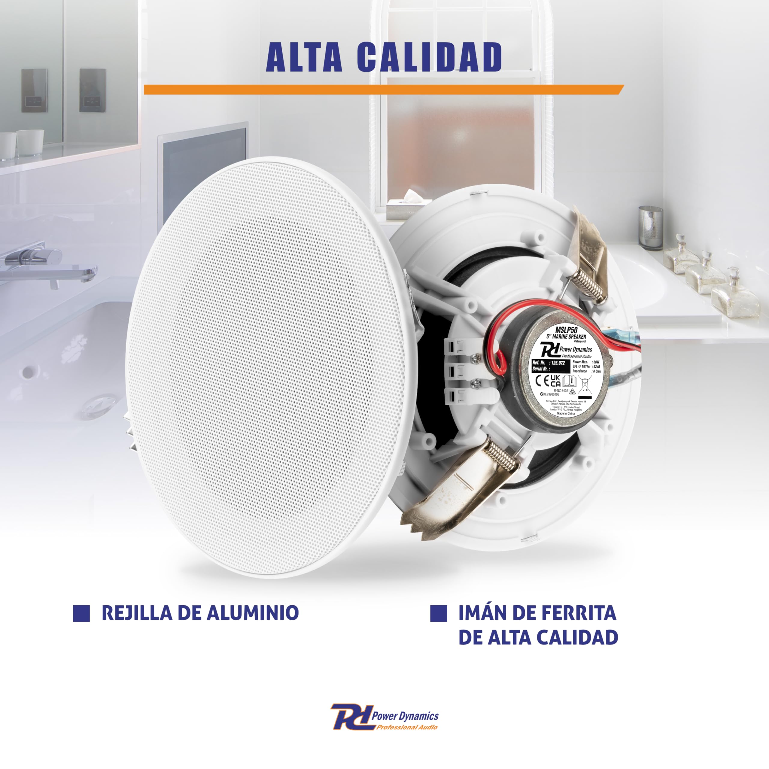 Power Dynamics MSLP50 Altavoces de Techo Marinos Resistentes al Agua - 5" 80W, Altavoz de Techo con clasificación IP, Altavoz de Ducha para Cocina y Techo, Doble Cono, diseño sin Borde de Perfil bajo