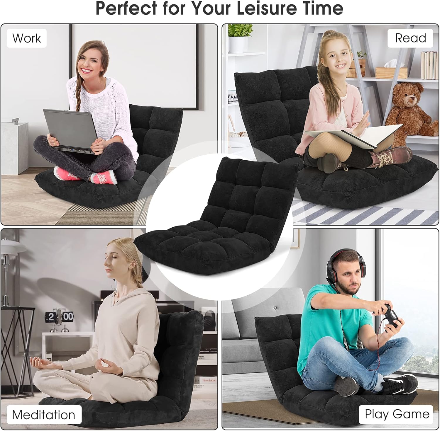 Byroce Folding Floor Gaming Chair, 14-Position Adjustable Lazy Padded Sleeper, Sofa Bed with Back Support, Couch Recliner Floor Chair for Meditation, Reading in Bedroom, Living Room (Black)