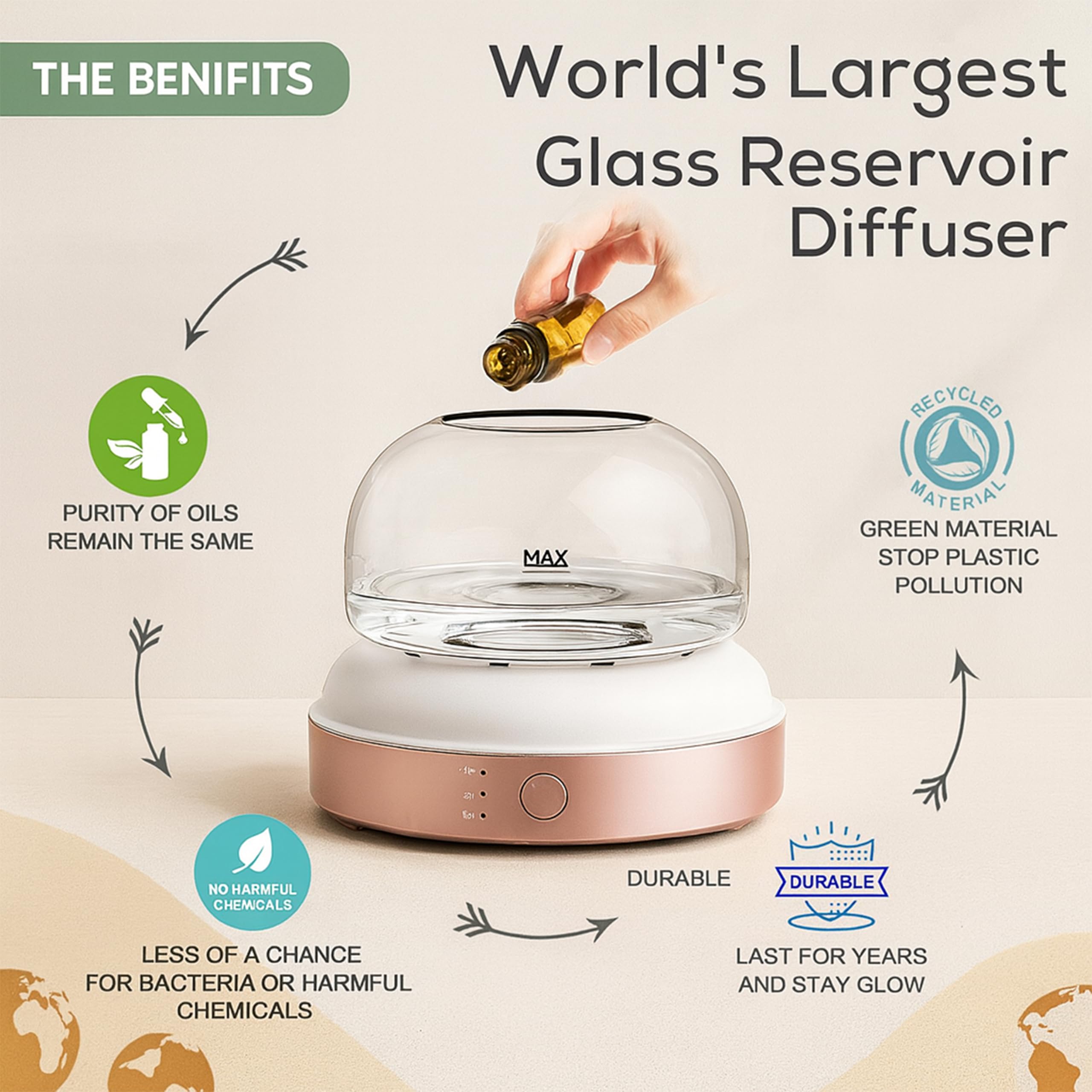 ALMA Difusor y humidificador de aceites Esenciales con depósito de Cristal de 200 ml - aromaterapia Elegante con Vidrio, iluminación LED de Ambiente, 10 Horas de Niebla tranquilizadora (Gold Rose)
