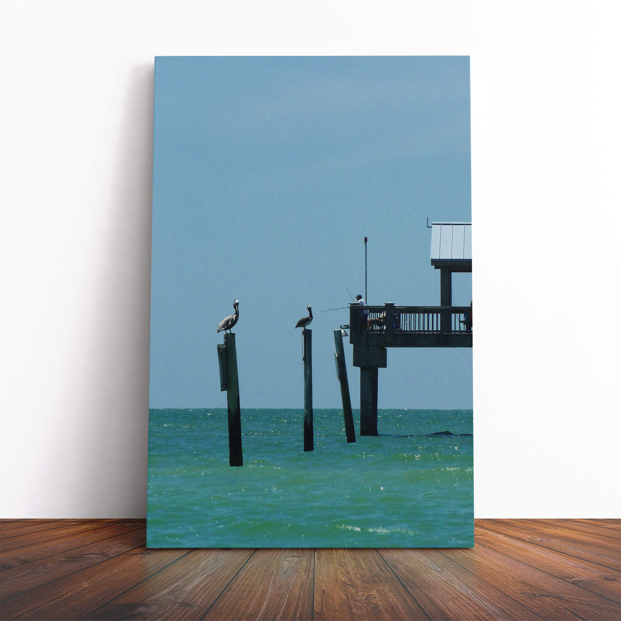 Fishing Pier with Pelicans Seascape Canvas Print | Gallery Wrapped 30mm Frame Wall Art | 20x14 inches | Ready to Hang | Modern Seascape Picture | Living Room Bedroom Lounge Office