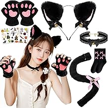 [COZENRE] 猫耳 カチューシャ 肉球手袋 ねこコスチューム 猫耳 しっぽ 蝶結び チョーカー 8点セット 鈴付き ハロウィン 仮装小物 猫コスチューム 猫 コスプレ 可愛い コスプレ コスチューム 仮装小物 学園祭 舞踏会 ハロウィン