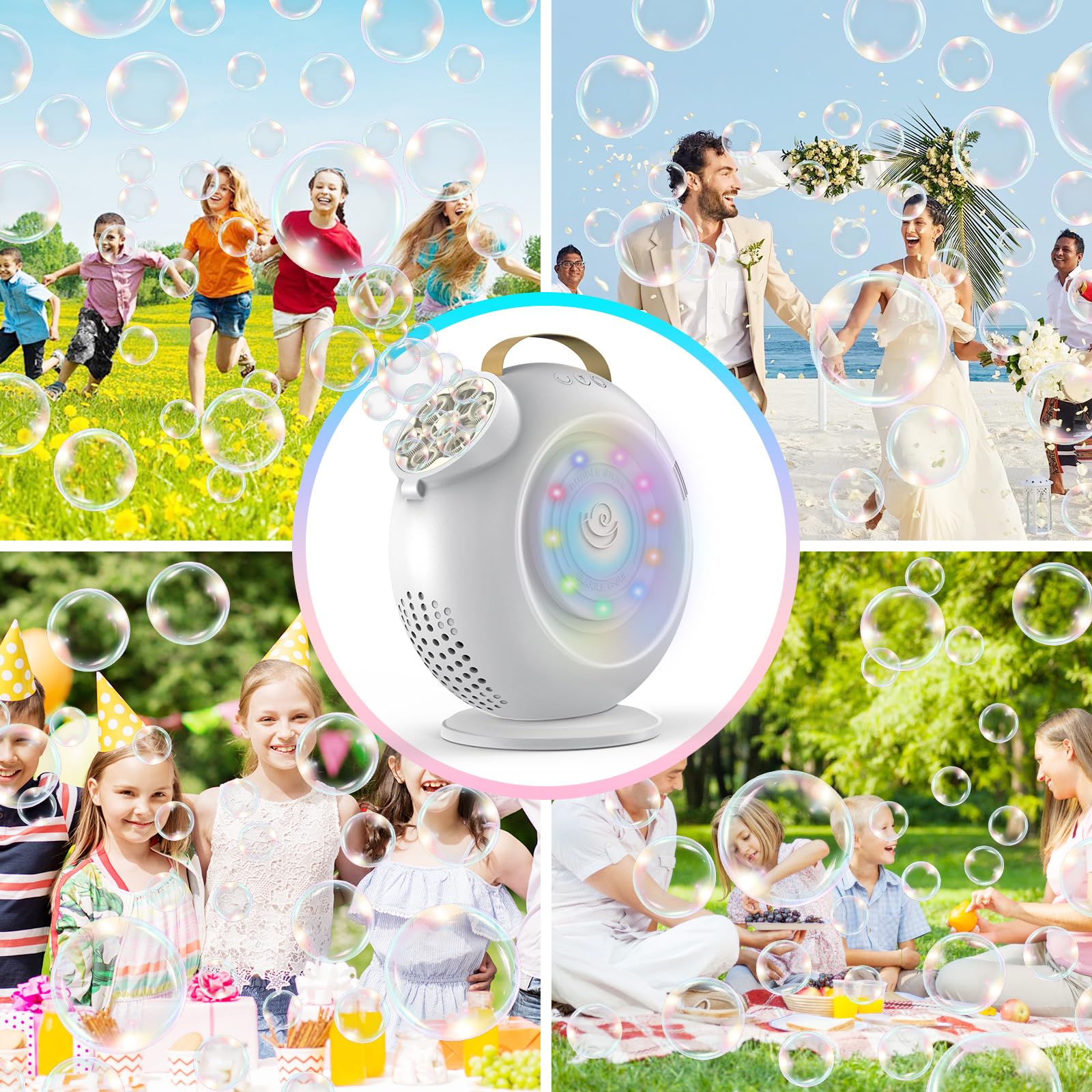 Machine à Bulles Rechargeable pour Enfants - Plus de 15 000 Bulles/Min, Rotation Auto 90°/360° avec lumière LED. Capacité 500 ML, 2 Vitesses. Idéale pour fêtes en extérieur, Mariages, Anniversaires
