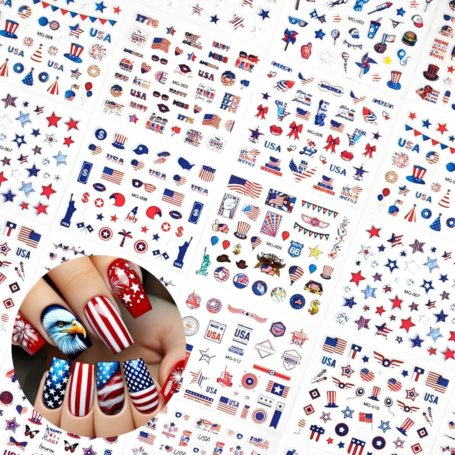 30 Sheets 4th of July Nail Art Stickers Independence Day Patriotic Nail Decals 3D Self-Adhesive Balloon Heart Designs American Flag Nail Decorations for Women Girls Manicure