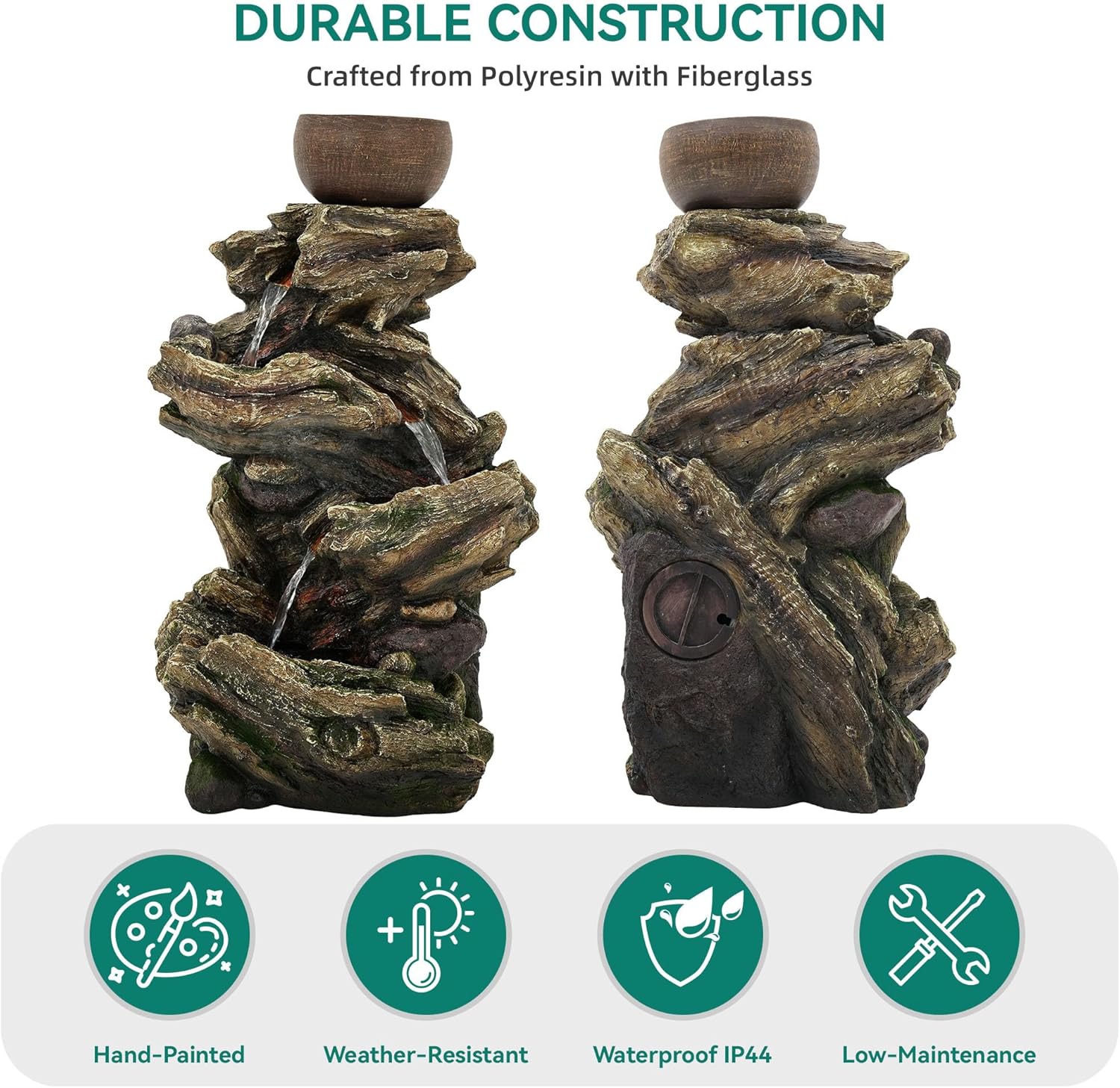 33" H Weathered Tree Trunk Water Fountain, Handcrafted 5-Tier Rustic Outdoor Water Feature with Relaxing Waterfalls, Warm LED Lights & Built-in Planters, Tranquil Oasis for Garden Yard Décor