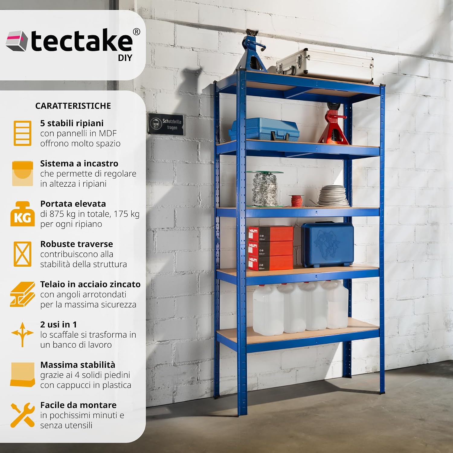 Image showing all components of the tectake 5-shelf metal rack laid out before assembly.
