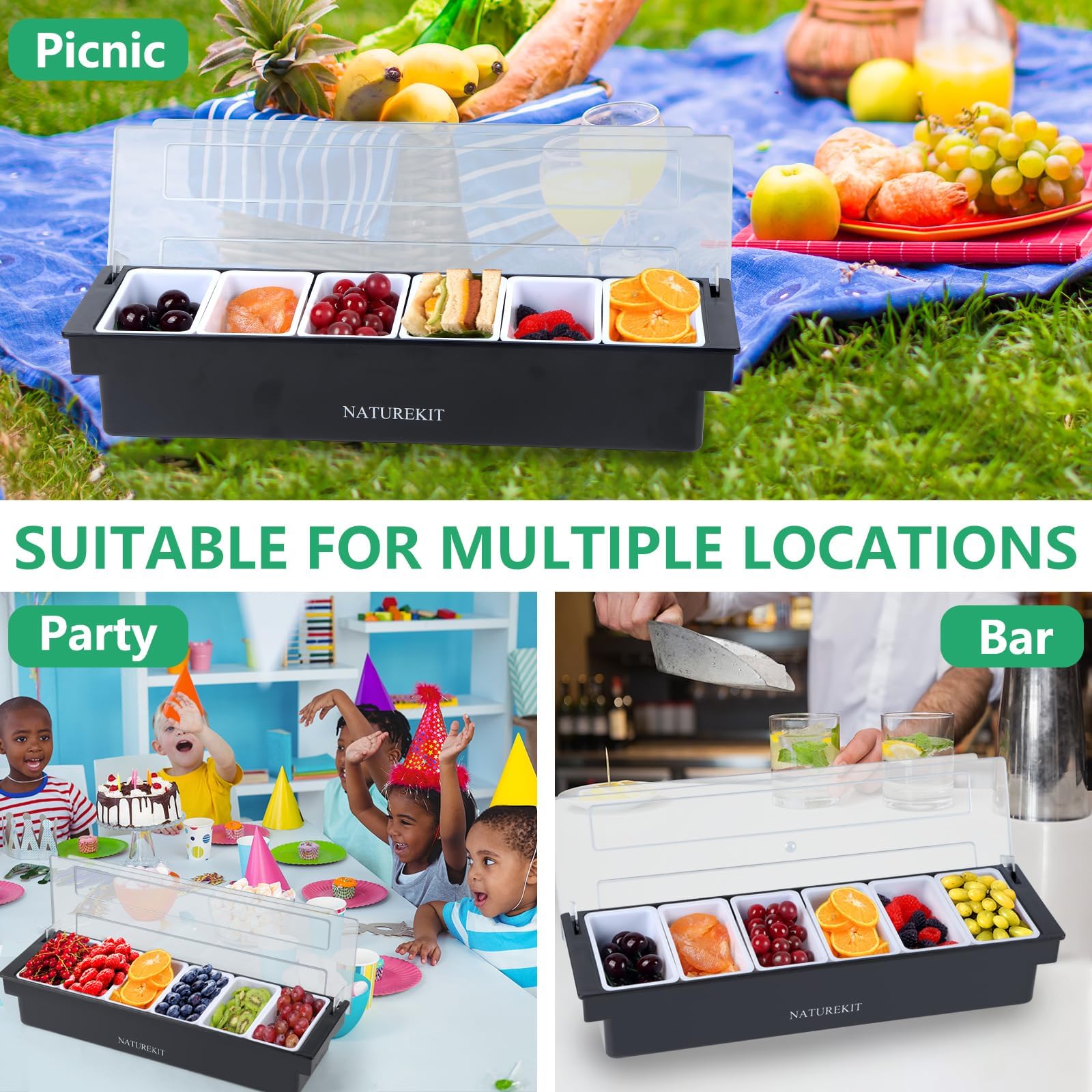 Contenedor de condimentos refrigerado por hielo, organizador de verduras y condimentos con tapa, 6 compartimentos extraíbles grandes, bandeja de guarnición refrigerada para camareros y