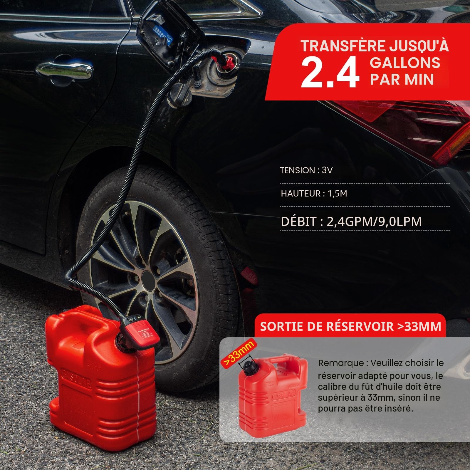 Pompe de transfert de carburant avec capteur d'arrêt automatique, pompe électrique adaptable de 3 tailles, tuyau flexible pour la plupart des canettes