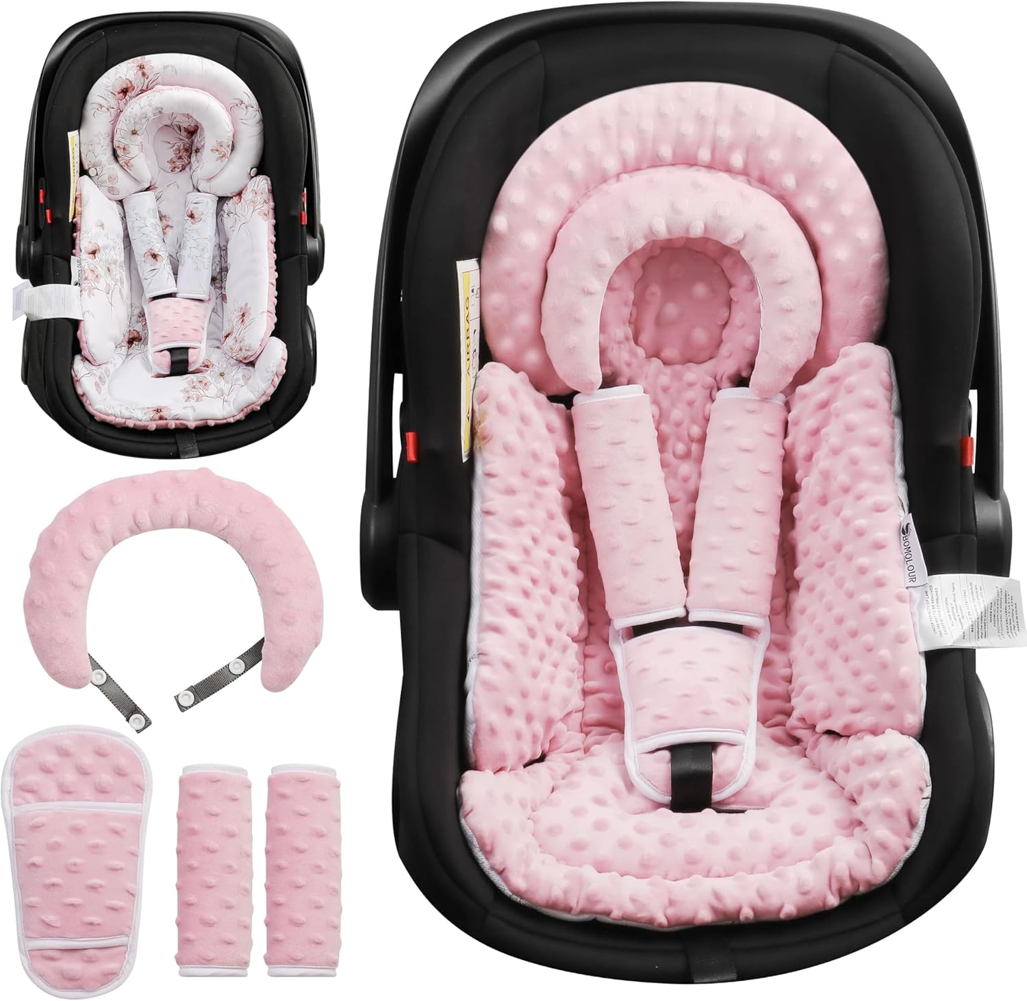 Infant Car Seat Insert with Removable Cushion for Baby Preemie Newborn Infant, Reversible carseat Insert Head Body Support Fits for Stroller, Baby Swing, Rocker, Bouncer, Bassinet – Pink