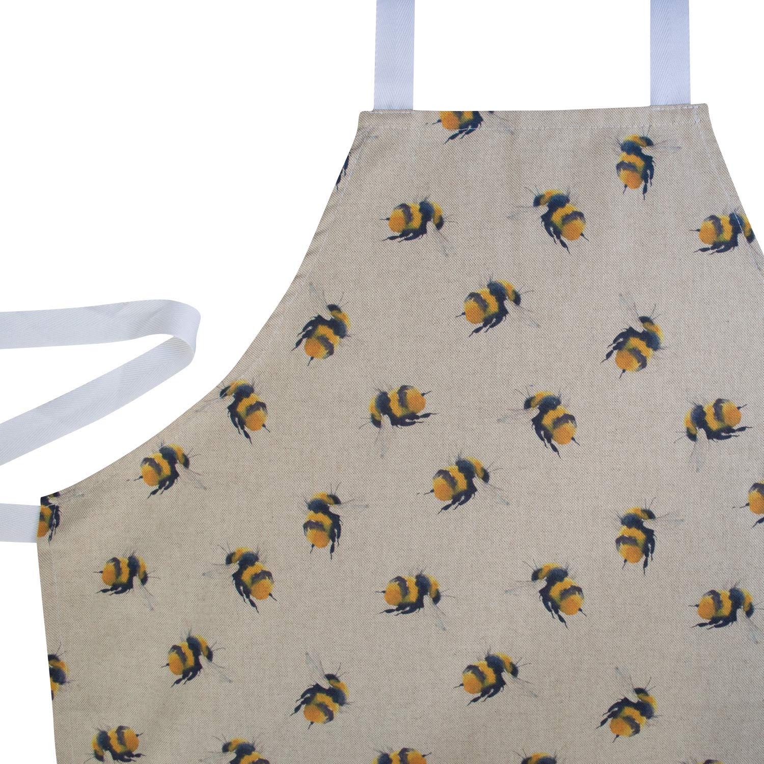 Bumblebee Apron. Linen feel printed quirky bee pattern in yellow and black. Made in the UK. An ideal kitchen accessory for baking, cooking, and barbecue fans.