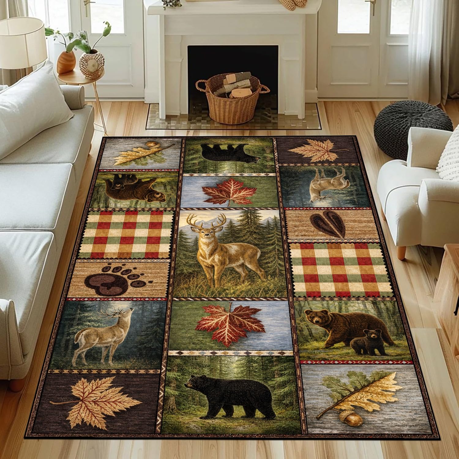 Elk & Bear Rug for Living Room 5x8 ft, Cabin Wildlife Area Rugs, Rustic Patchwork Forest Design Carpet, Cozy Lodge & Bed Room Floor Mat