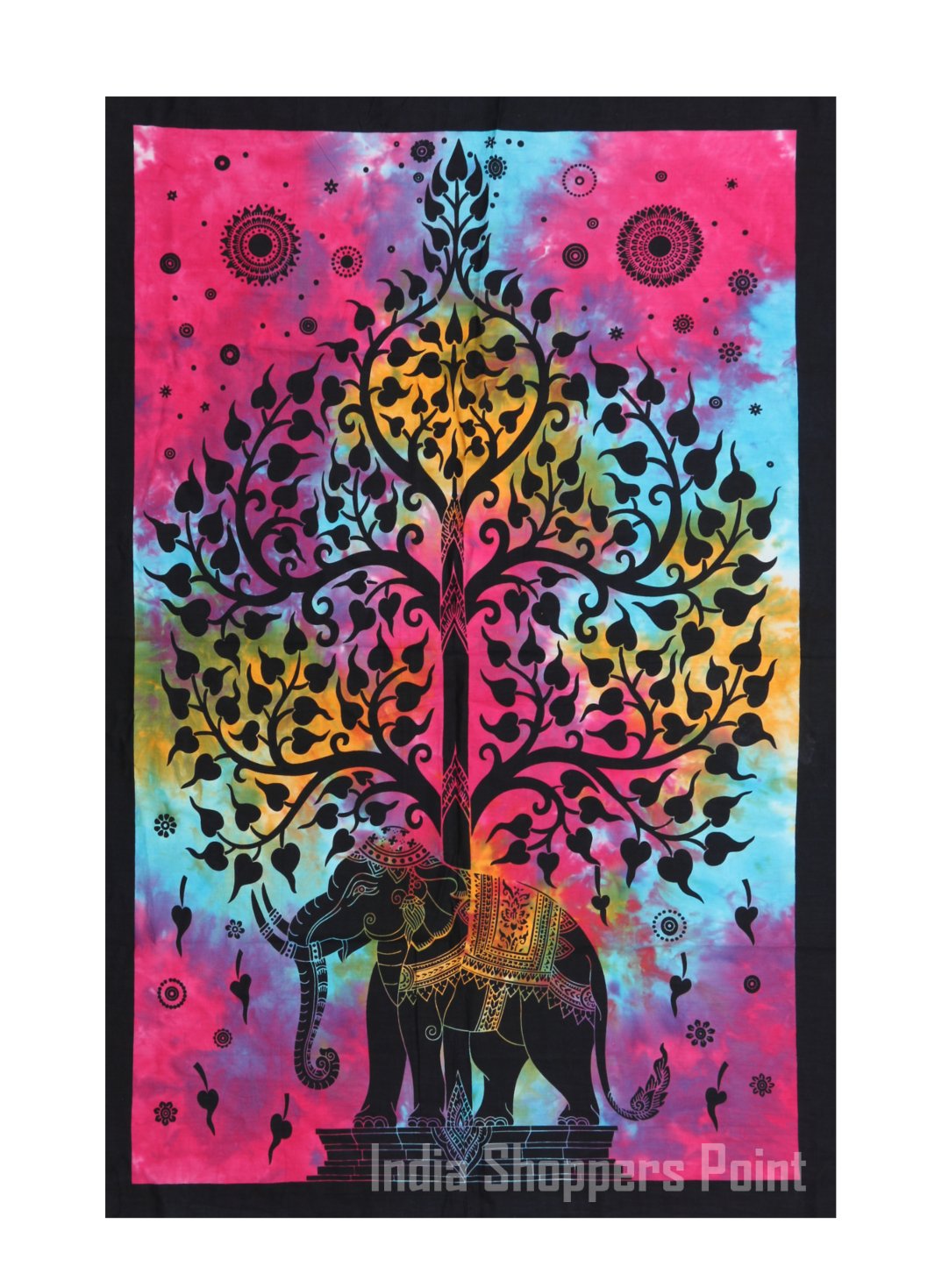 Shoppers PointShoppers Point® Good Luck Wealth Elephant Under Tree | Tie Dye Ethnic Decorative Wall Hanging/Bohemian Tapestry/Poster (Cotton Fabric, 40X30 INCH, Multicolour, GLWE-003)