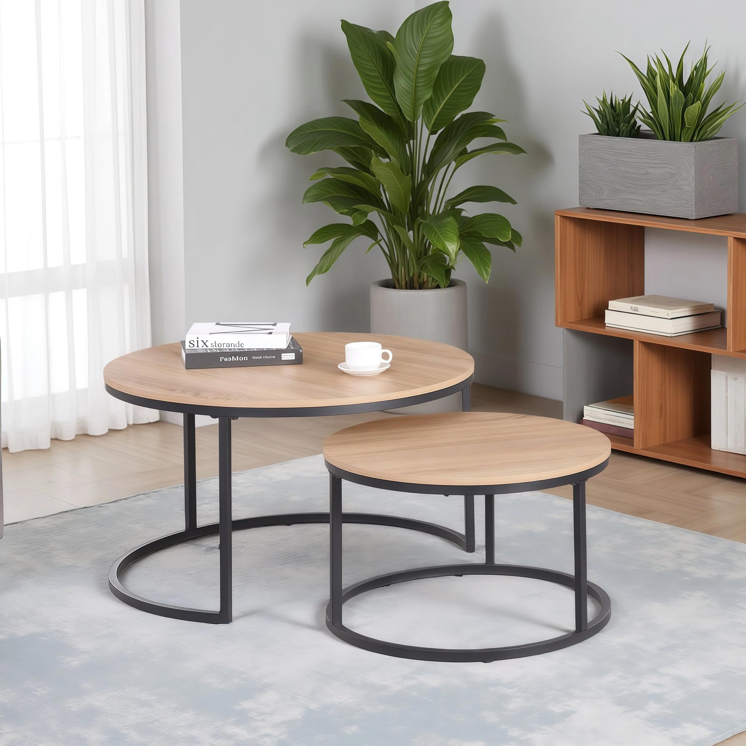 CENSI Round Nesting Coffee Table Set of 2, 31.5" Natural Oak Wood & Metal Frame, Modern Industrial Stacking Center Tables for Living Room, Scandi Boho