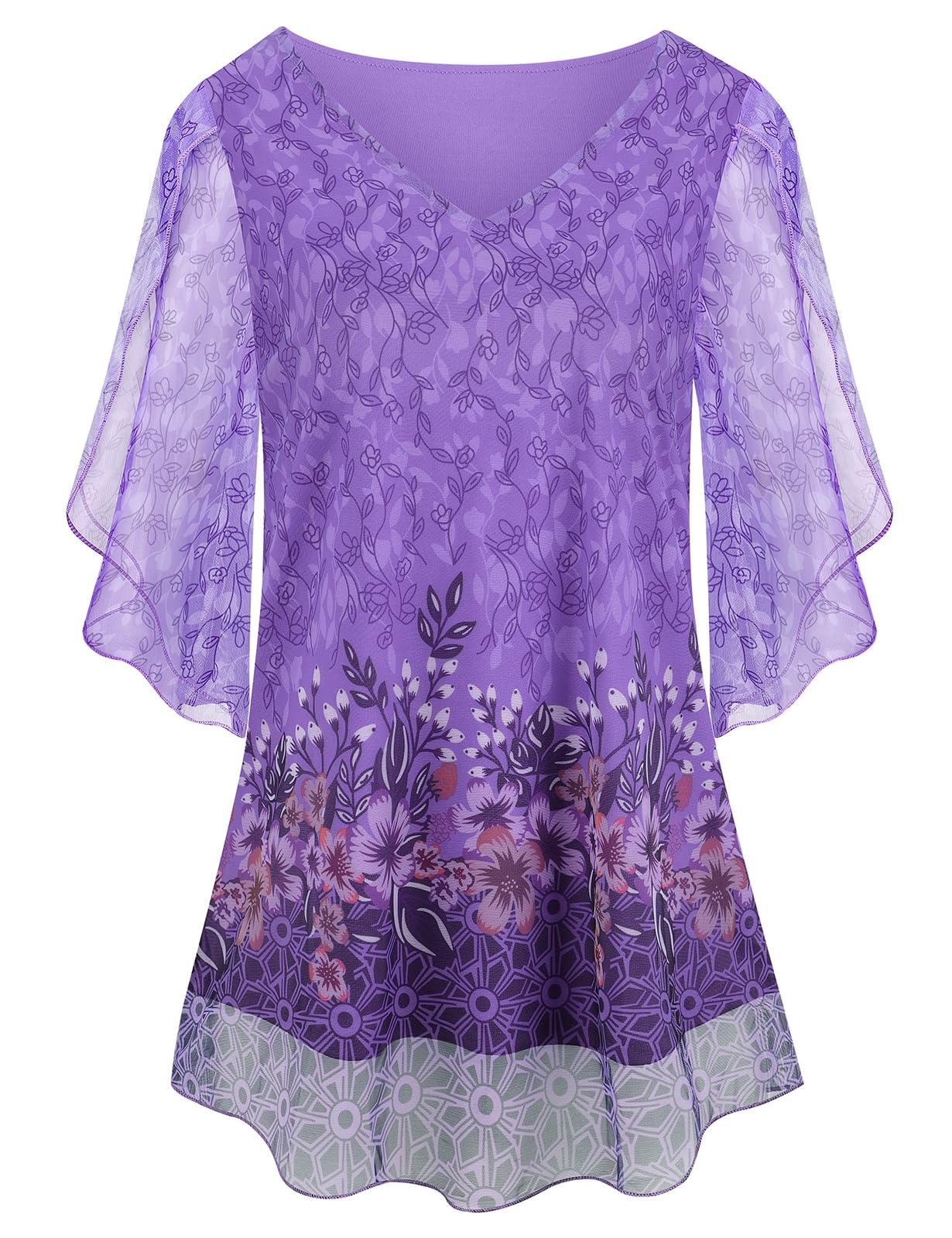 Syphiby Womens Overlap Ruffle Sleeve V Neck Elastic Mesh Blouse Loose Flowy Tunic Tops