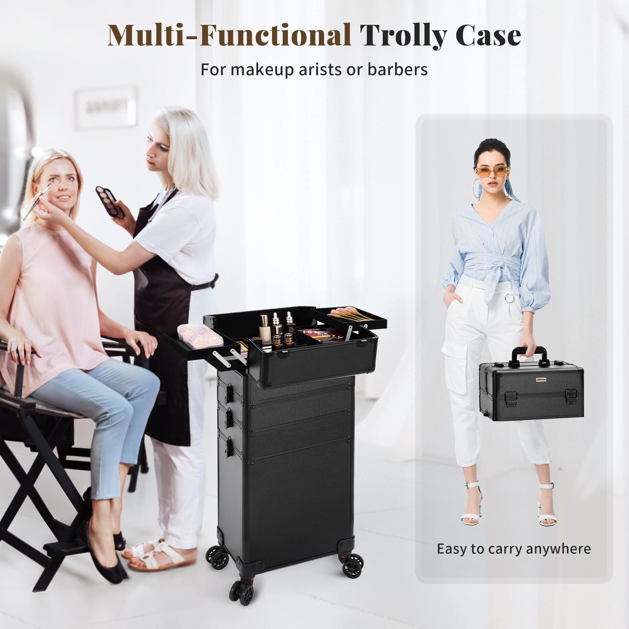 JINGUAN Profesional Rolling Makeup Train Case with Lid, 5 in 1 Cosmetology Case on Wheels, Large Cosmetic Trolley Organizer Travel for Hairstylist Artist Nail Beauty Salon Barber, Gravel Purple: Black 5 in 1