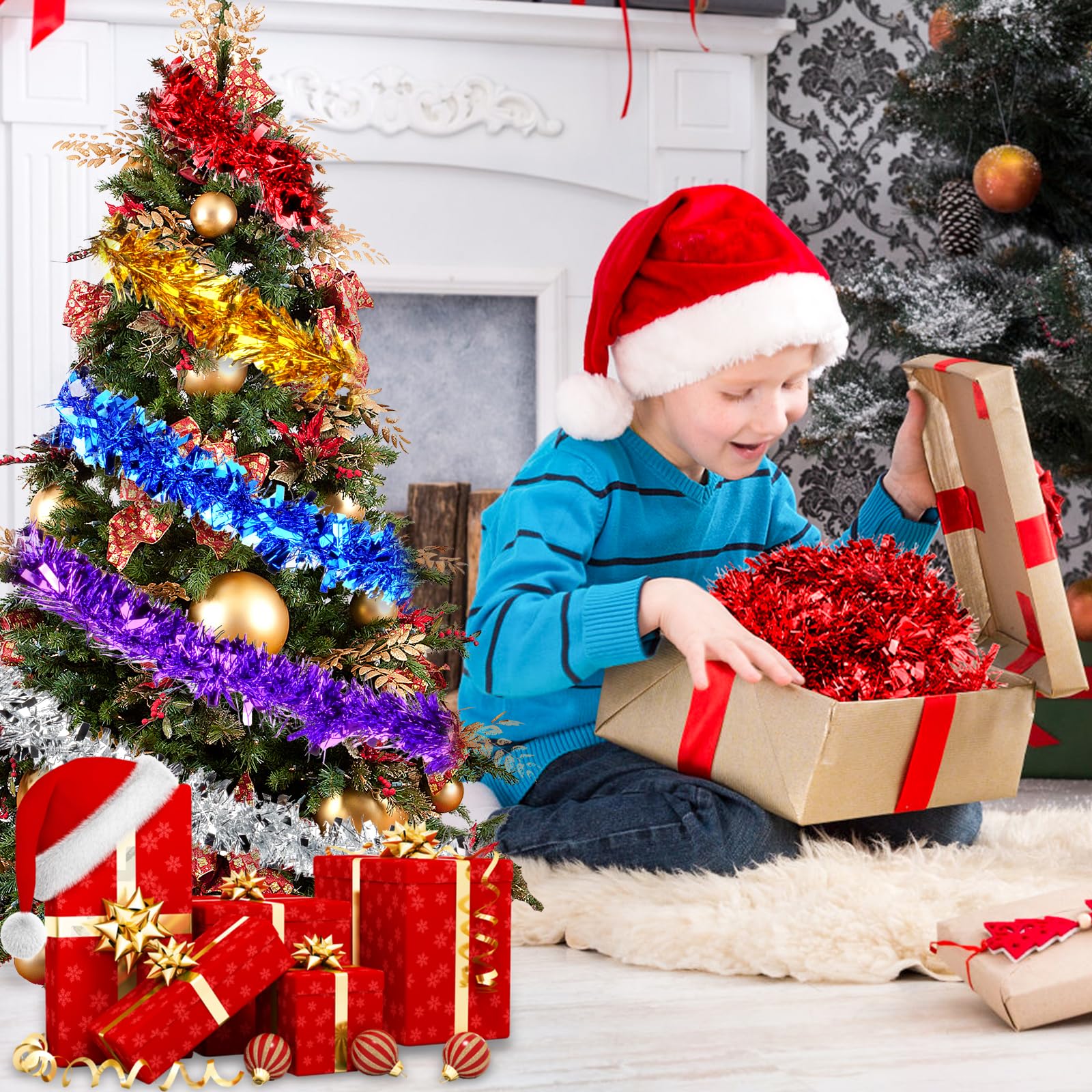 Guirlande Tinsel Noël 4x2m Rouge - Décoration Brillante Pour Sapin, Intérieur Et Extérieur