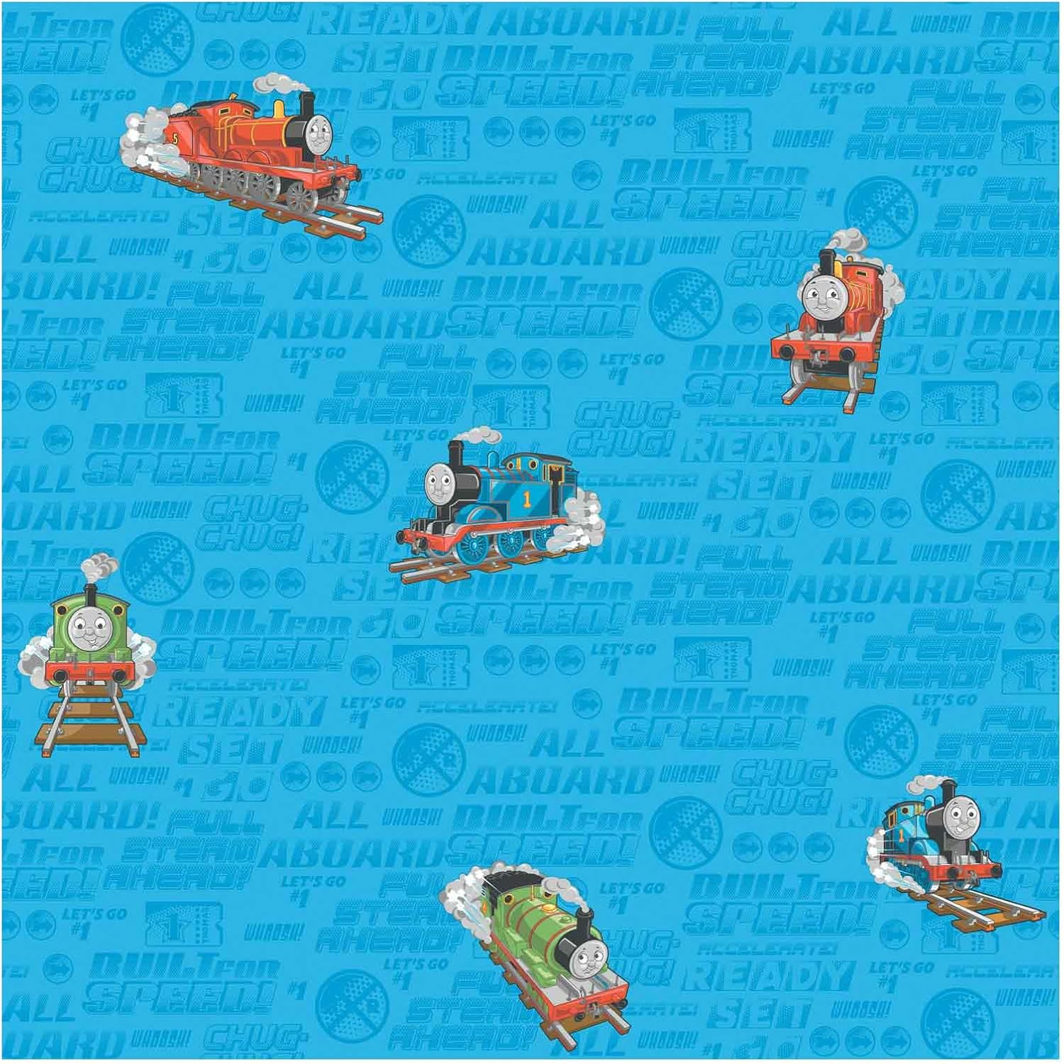 York Wallcoverings BT2909 Thomas The Train Wallpaper, Ocean Blue/Tangerine Orange/Lime Green/Stop Sign Red/Black Onyby