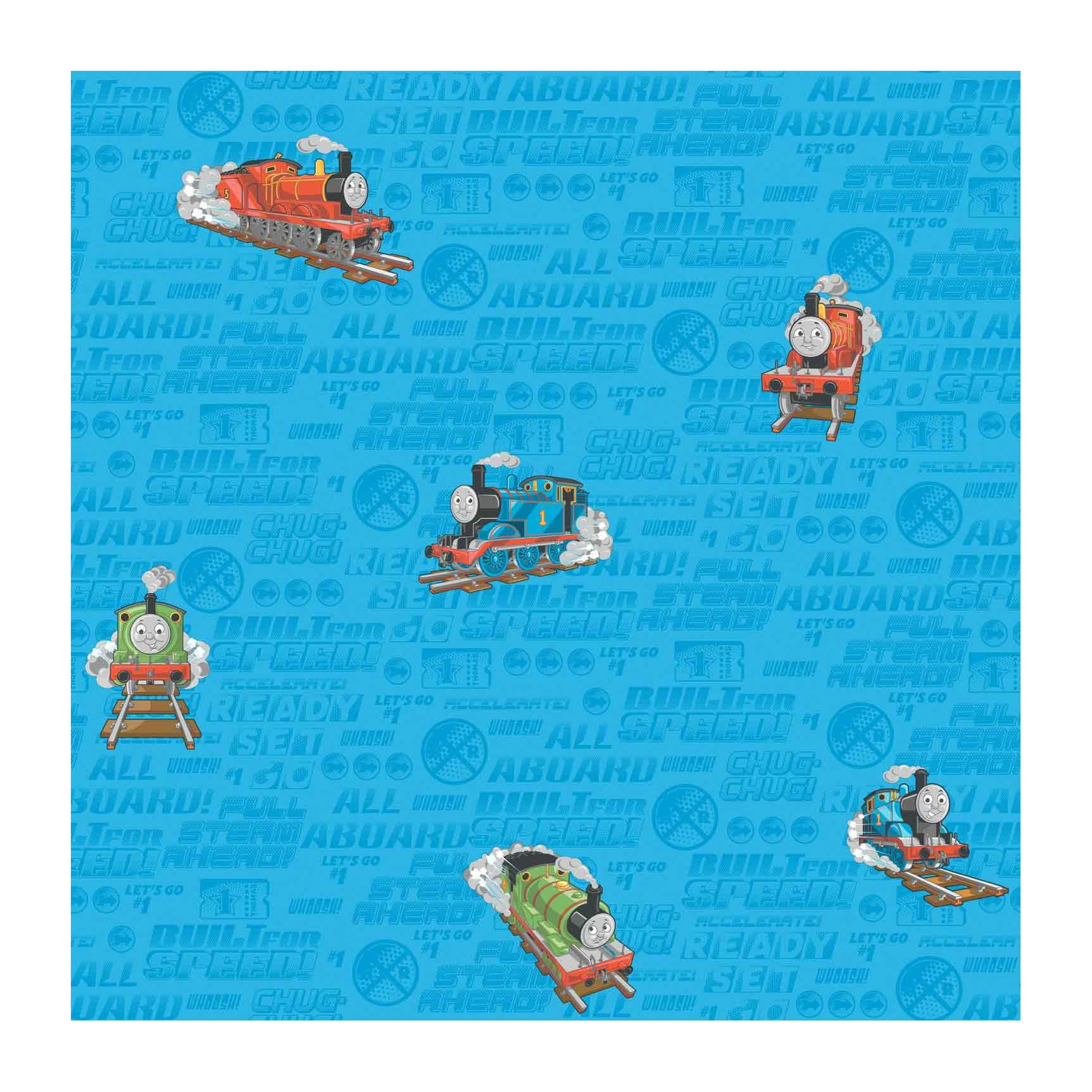 Papier peint Thomas le train York Bt2909 bleu océan orange mandarine et vert citron
