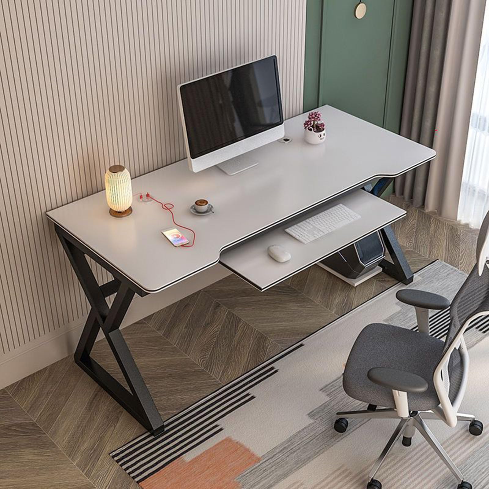 JOMRTS Computer Desktop Desk Household Small Student Writing Desk Gaming Desk with Keyboard Holder/Sound Holder for Home (Grizzle 120 * 60 * 75cm)