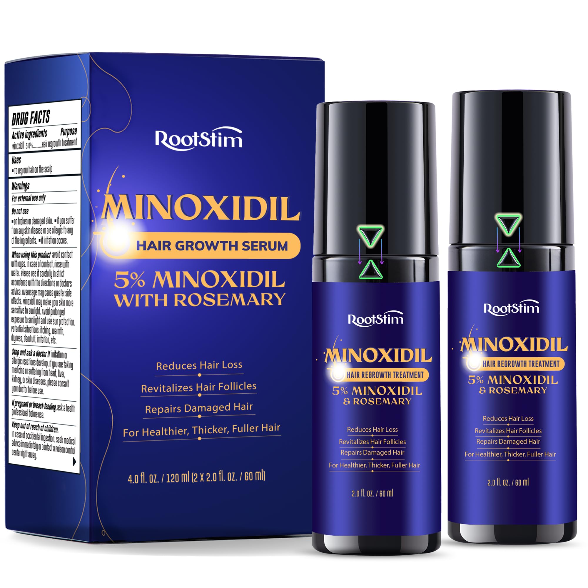 5% Minoxidil Hair Growth for Men and Women: RootStim 2-Pack Extra Strength Minoxidil Hair & Beard Regrowth Serum with Rosemary for Faster Stronger Thicker Hair Growth - 4 FL OZ